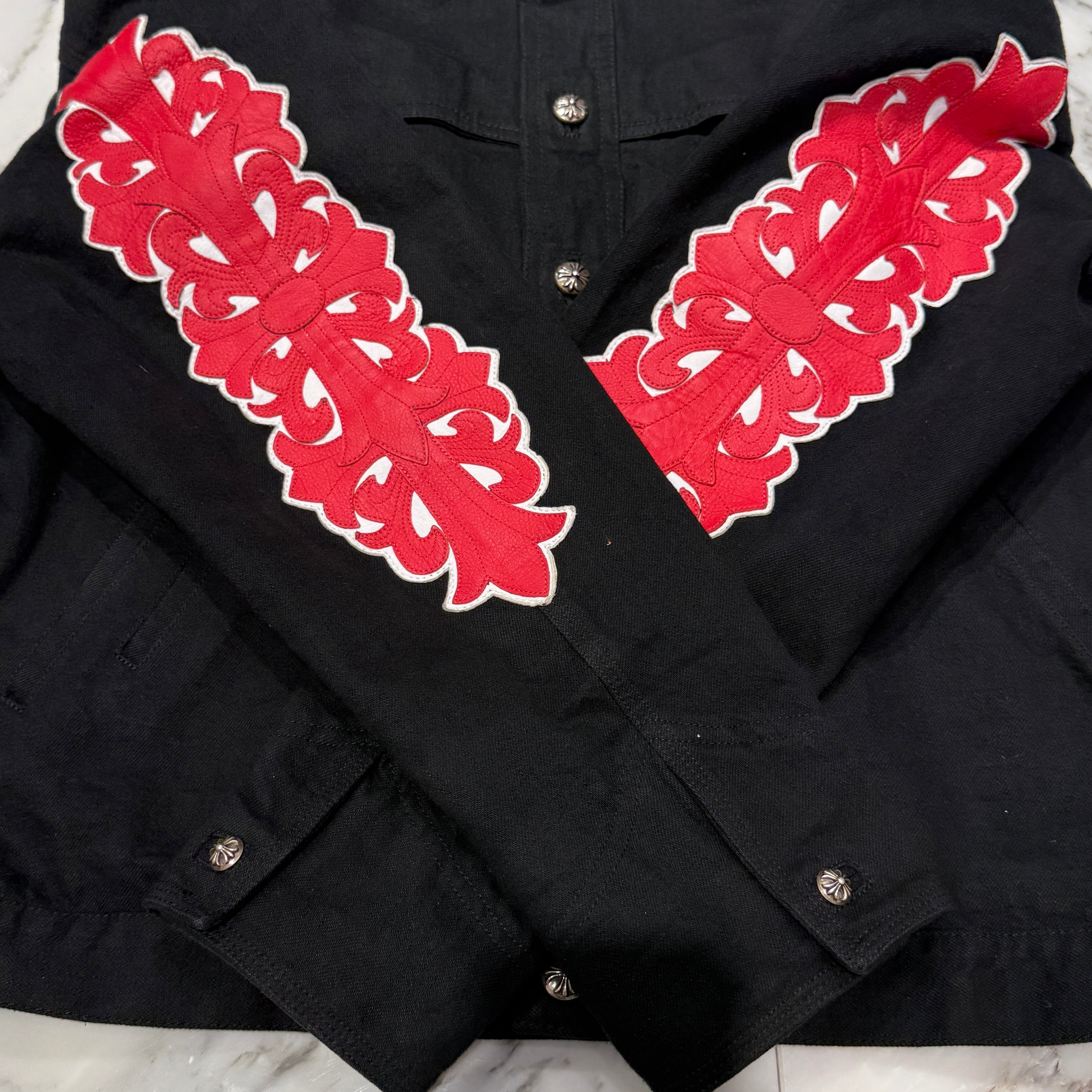 CHROME HEARTS Floral Cross Leather Patch Flare Knee Sleeve Denim Jacket Size XXL クロムハーツ フローラルクロス レザーパッチ フレアニー スリーブ デニムジャケット サイズXXL