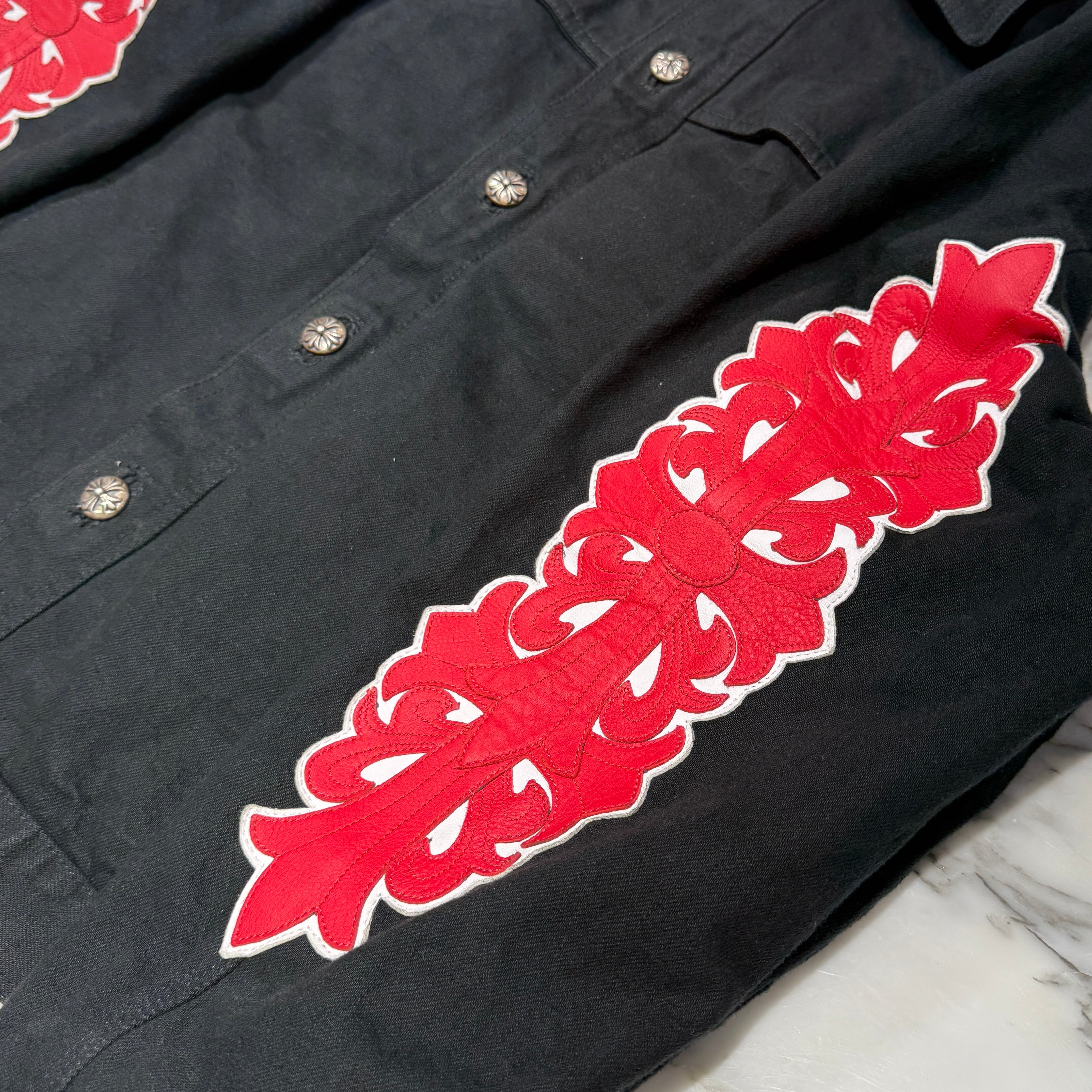 CHROME HEARTS Floral Cross Leather Patch Flare Knee Sleeve Denim Jacket Size XXL クロムハーツ フローラルクロス レザーパッチ フレアニー スリーブ デニムジャケット サイズXXL