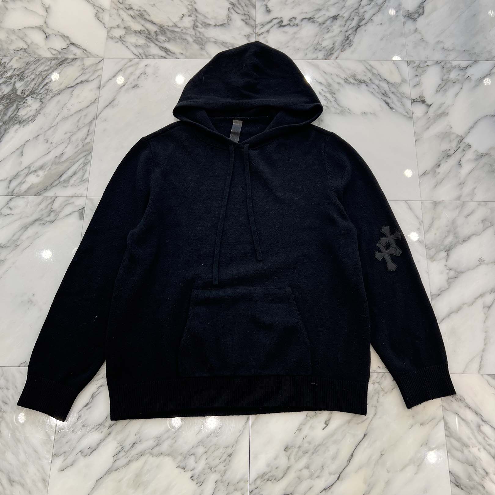 CHROME HEARTS Y NOT Leather Cross Patch Cashmere Knit Pullover Hoodie Size L クロムハーツ ワイノット レザークロスパッチ カシミヤニット プルオーバーフーディ サイズL