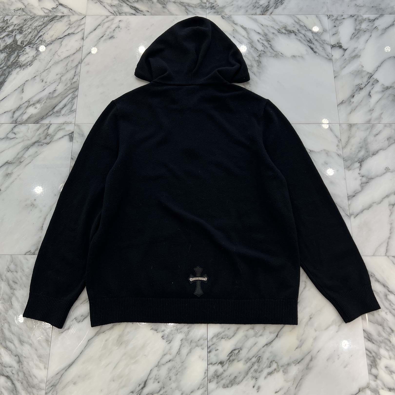 CHROME HEARTS Y NOT Leather Cross Patch Cashmere Knit Pullover Hoodie Size L クロムハーツ ワイノット レザークロスパッチ カシミヤニット プルオーバーフーディ サイズL