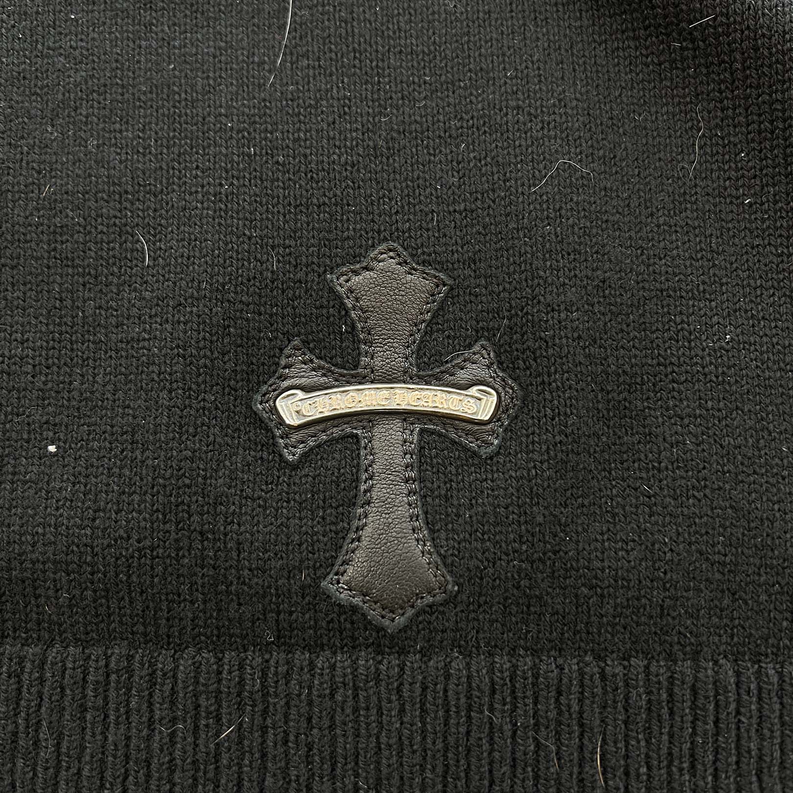 CHROME HEARTS Y NOT Leather Cross Patch Cashmere Knit Pullover Hoodie Size L クロムハーツ ワイノット レザークロスパッチ カシミヤニット プルオーバーフーディ サイズL