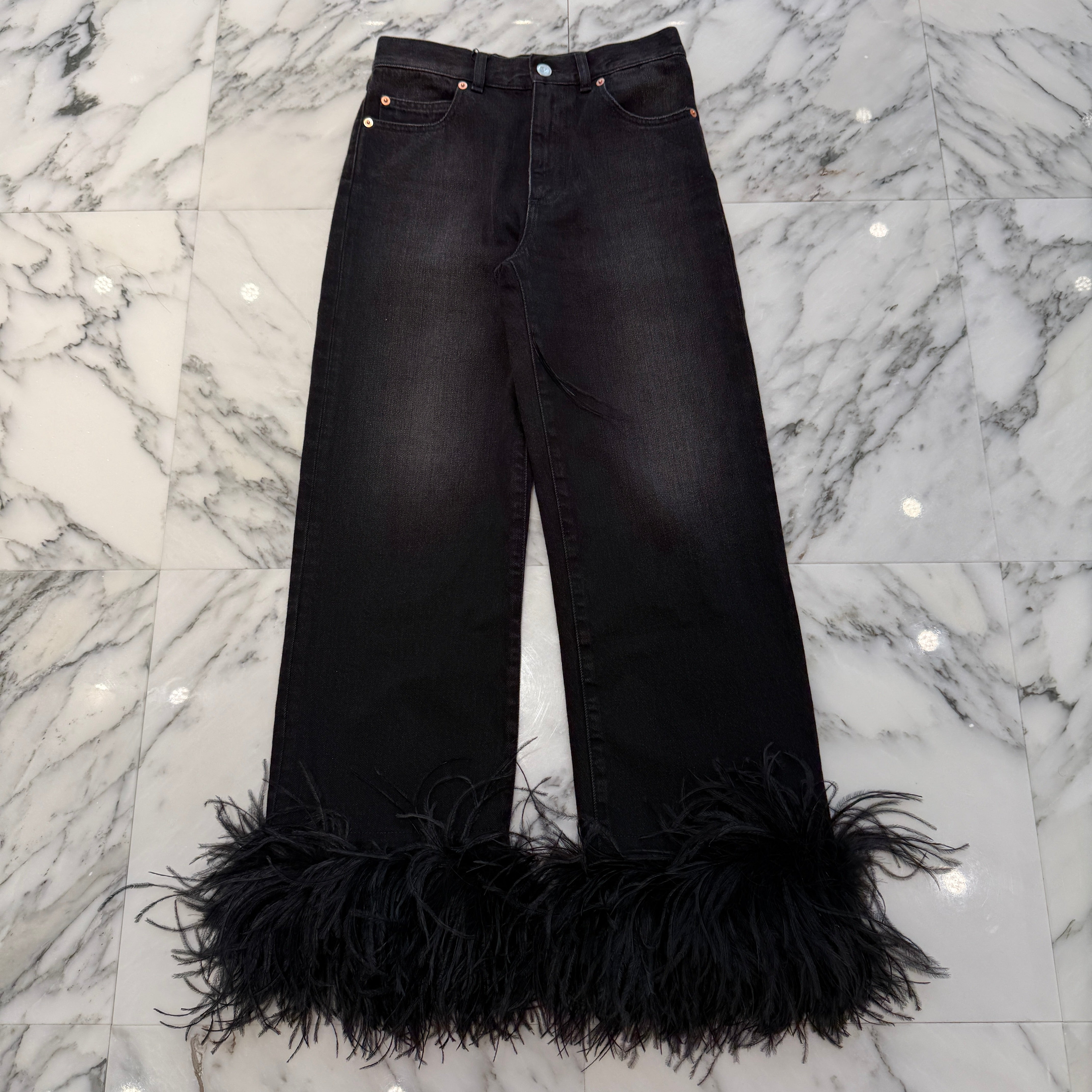 VALENTINO 2023AW Feather Trimmed Denim Pants 1B3DD14C79W Size 24 ヴァレンティノ フェザー トリム デニムパンツ サイズ24