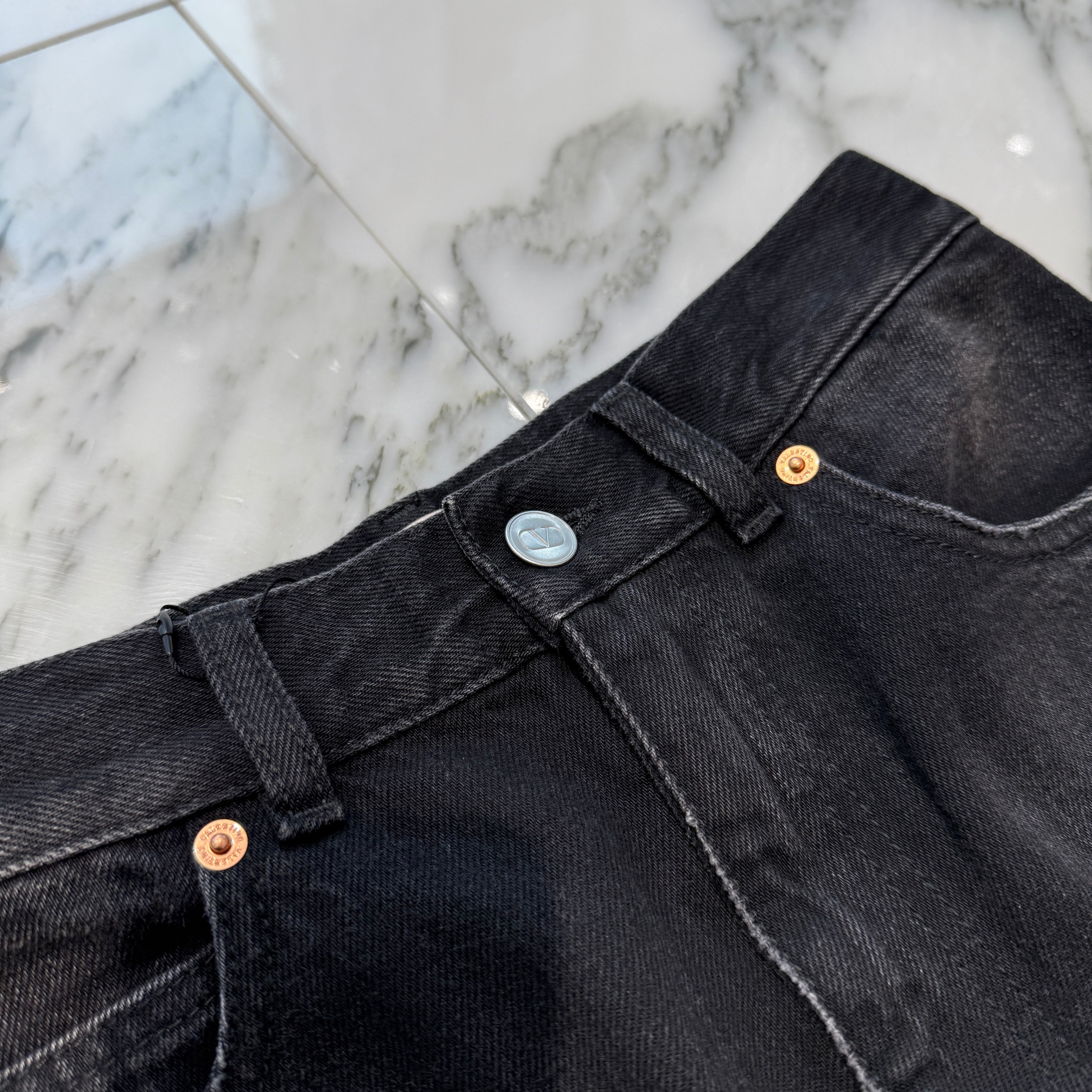 VALENTINO 2023AW Feather Trimmed Denim Pants 1B3DD14C79W Size 24 ヴァレンティノ フェザー トリム デニムパンツ サイズ24