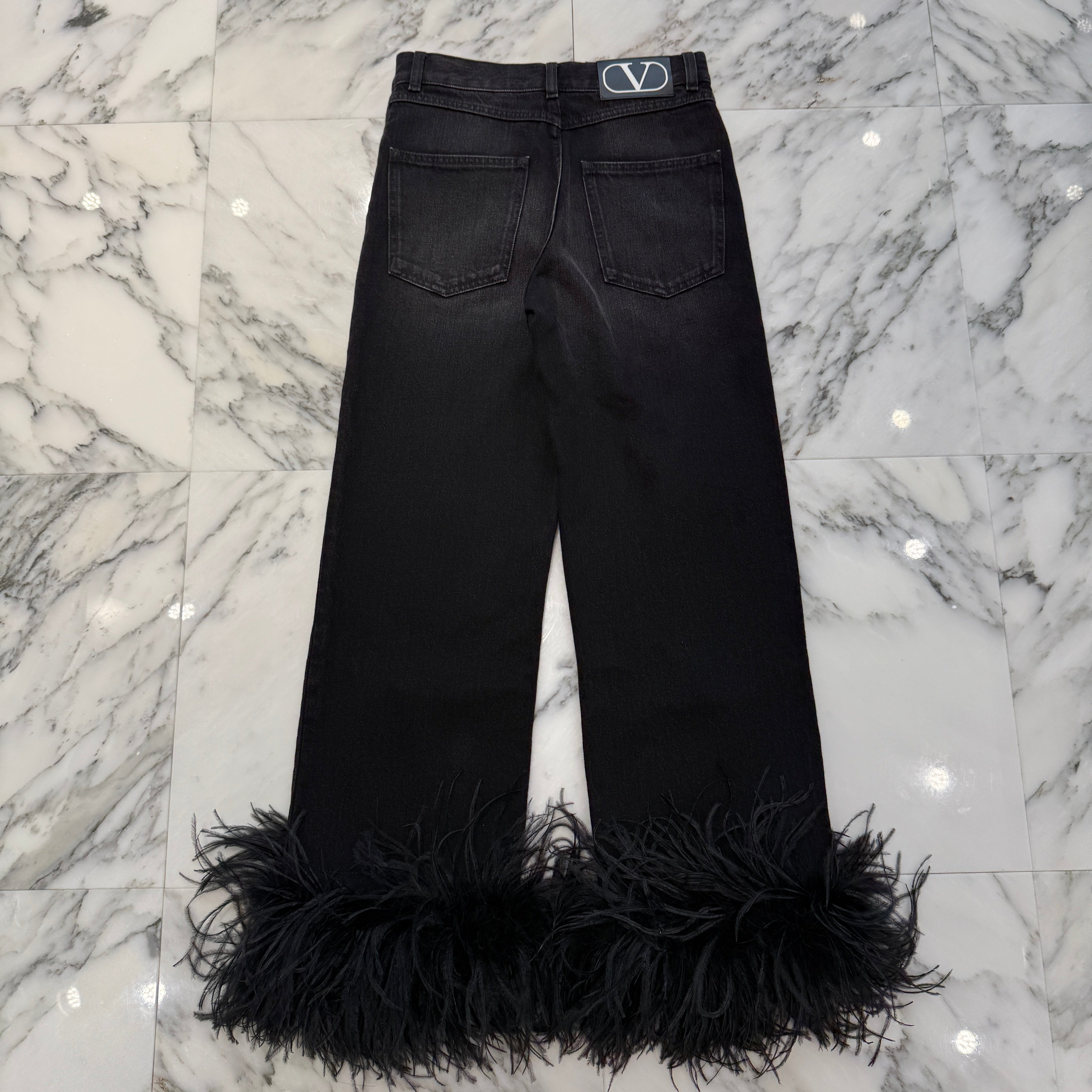VALENTINO 2023AW Feather Trimmed Denim Pants 1B3DD14C79W Size 24 ヴァレンティノ フェザー トリム デニムパンツ サイズ24