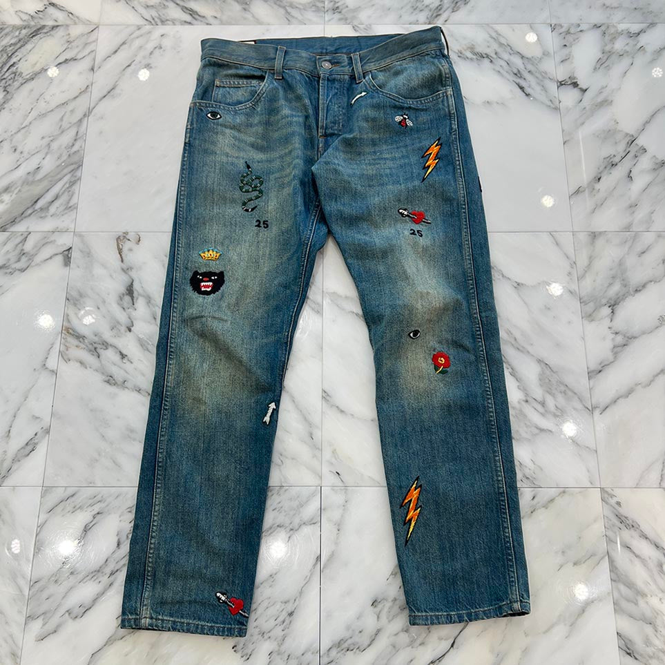 GUCCI Symbols Tapered Denim Pants 408637-XD836 Size 34 グッチ シンボルズ テーパード デニムパンツ サイズ34