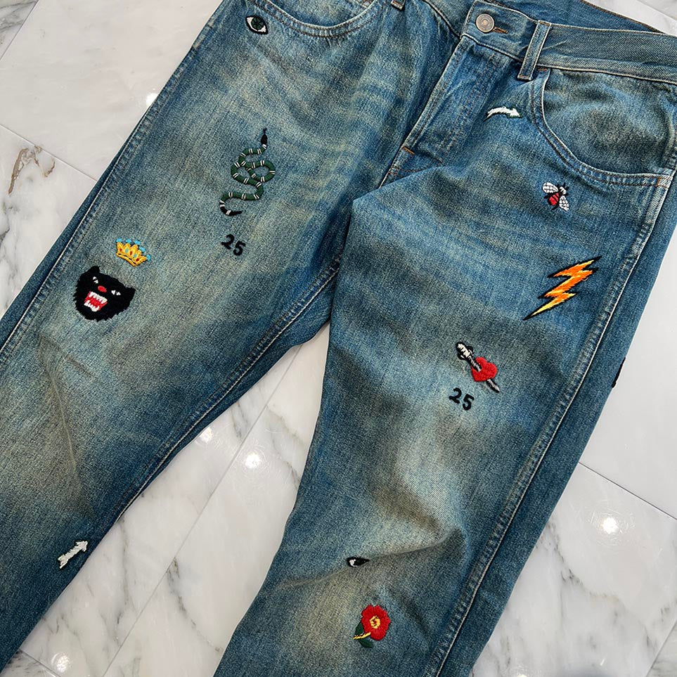 GUCCI Symbols Tapered Denim Pants 408637-XD836 Size 34 グッチ シンボルズ テーパード デニムパンツ サイズ34