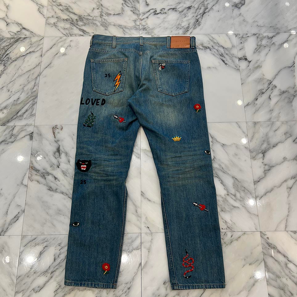 GUCCI Symbols Tapered Denim Pants 408637-XD836 Size 34 グッチ シンボルズ テーパード デニムパンツ サイズ34