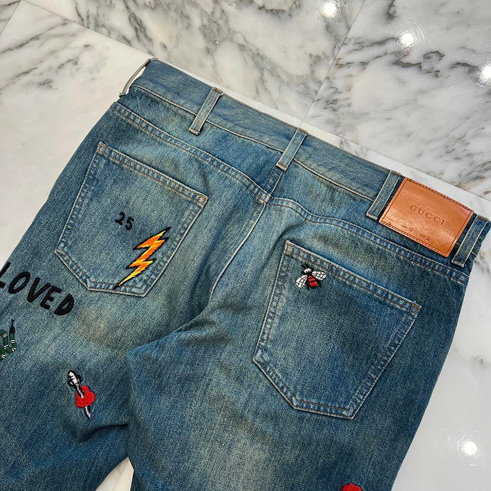 GUCCI Symbols Tapered Denim Pants 408637-XD836 Size 34 グッチ シンボルズ テーパード デニムパンツ サイズ34