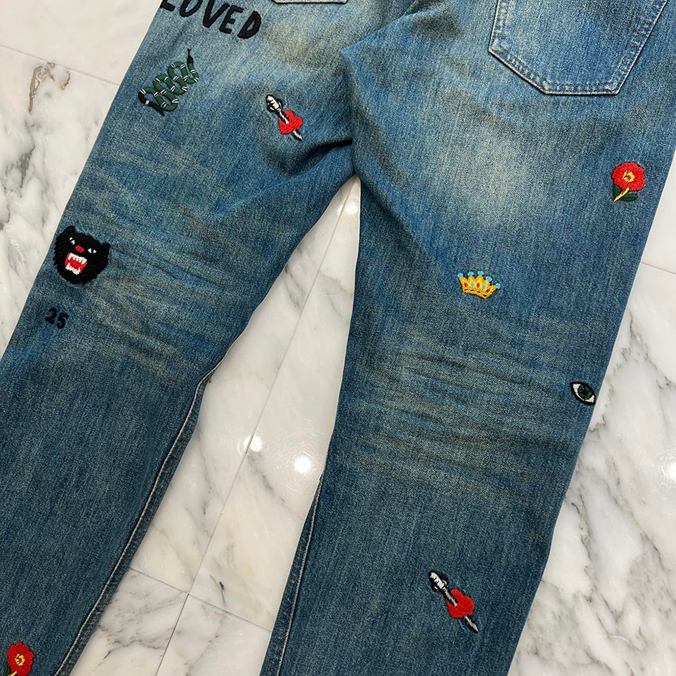 【a1378】GUCCI グッチ 美品 デニム ジーンズ スキニー 25 GUCCI Symbols Tapered Denim Pants 408637-XD836 Size 34 グッチ