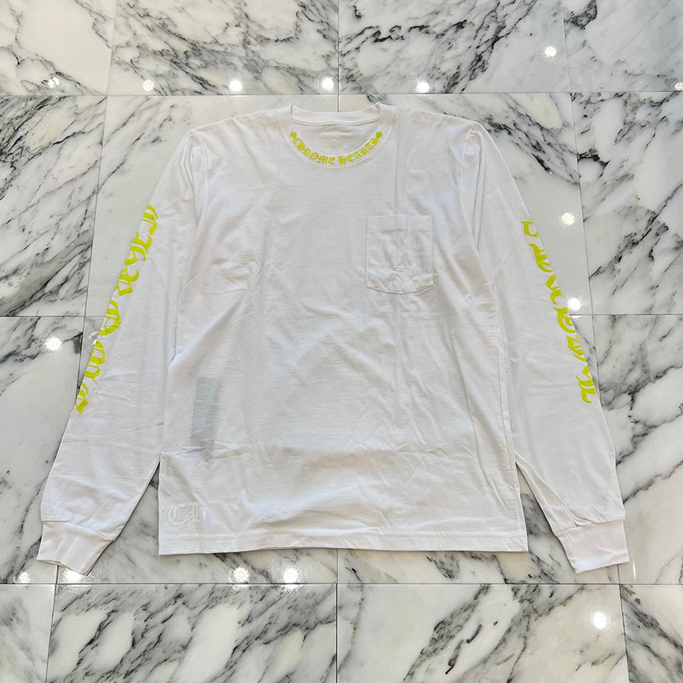 CHROME HEARTS Old English Neck Logo Neon Yellow Long Sleeve Tee Size L クロムハーツ オールドイングリッシュネックロゴネオンイエローロングスリーブTシャツ サイズL