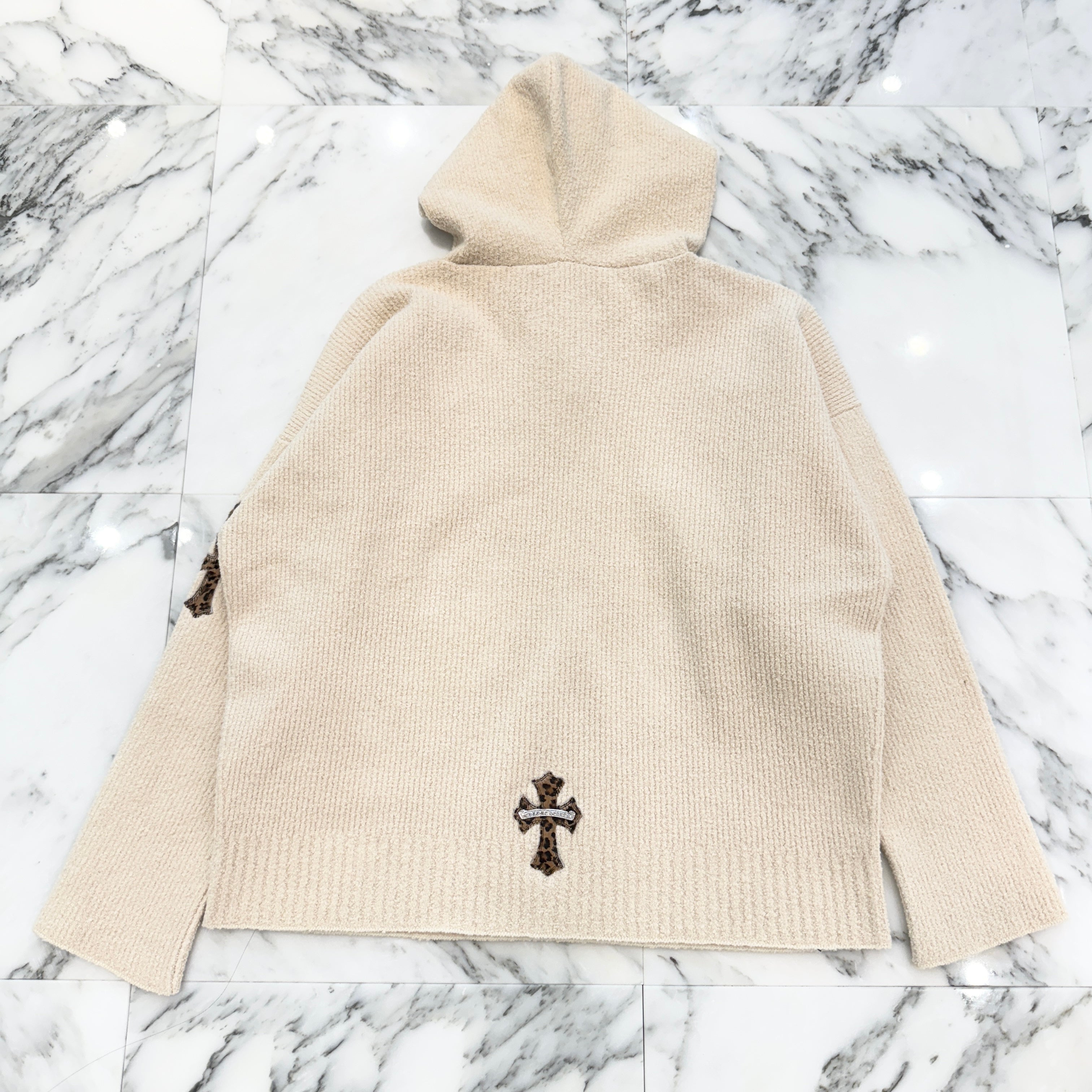CHROME HEARTS YNOT Leopard Harako Leather Cross Patch Knit Pullover Hoodie Size M/L クロムハーツ ワイノット レオパード ハラコレザー クロスパッチ ニット プルオーバーフーディー サイズM/L