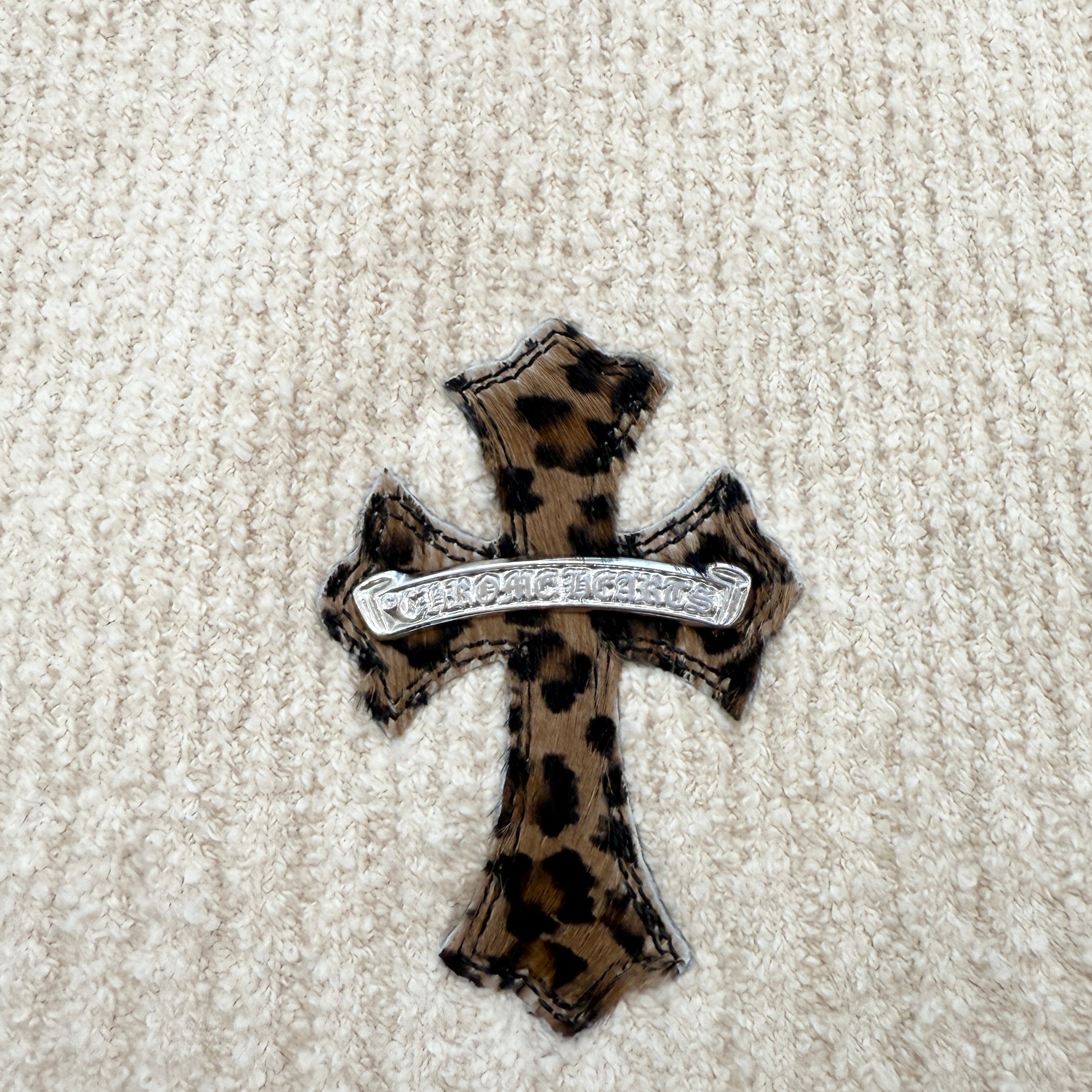 CHROME HEARTS YNOT Leopard Harako Leather Cross Patch Knit Pullover Hoodie Size S クロムハーツ ワイノット レオパード ハラコレザー クロスパッチ ニット プルオーバーフーディー サイズS