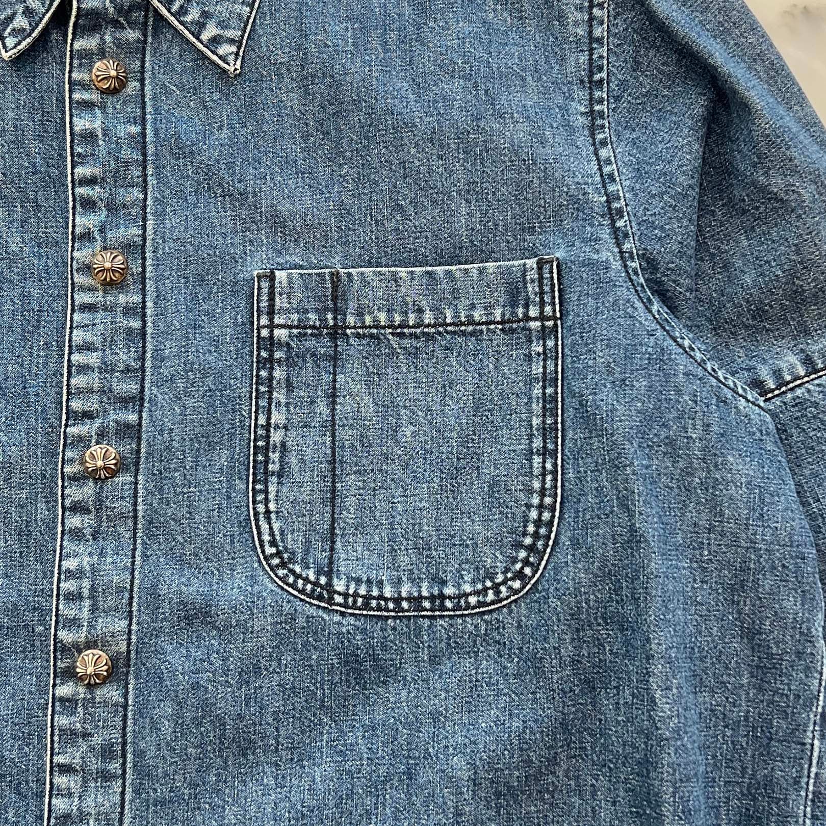 CHROME HEARTS Y NOT Cross Ball Button LAST BITE Denim Shirt Size L クロムハーツ ワイノット クロスボールボタン ラストバイト デニムシャツ サイズL