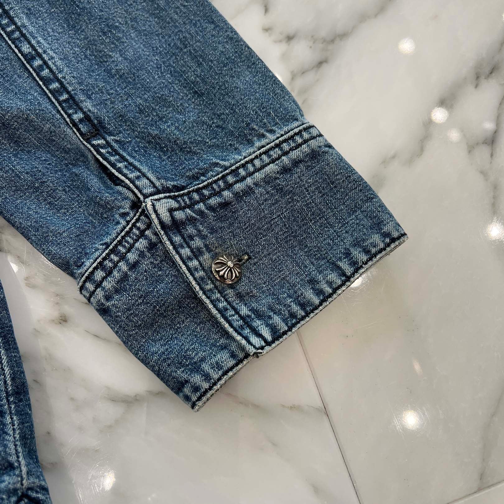 CHROME HEARTS Y NOT Cross Ball Button LAST BITE Denim Shirt Size L クロムハーツ ワイノット クロスボールボタン ラストバイト デニムシャツ サイズL