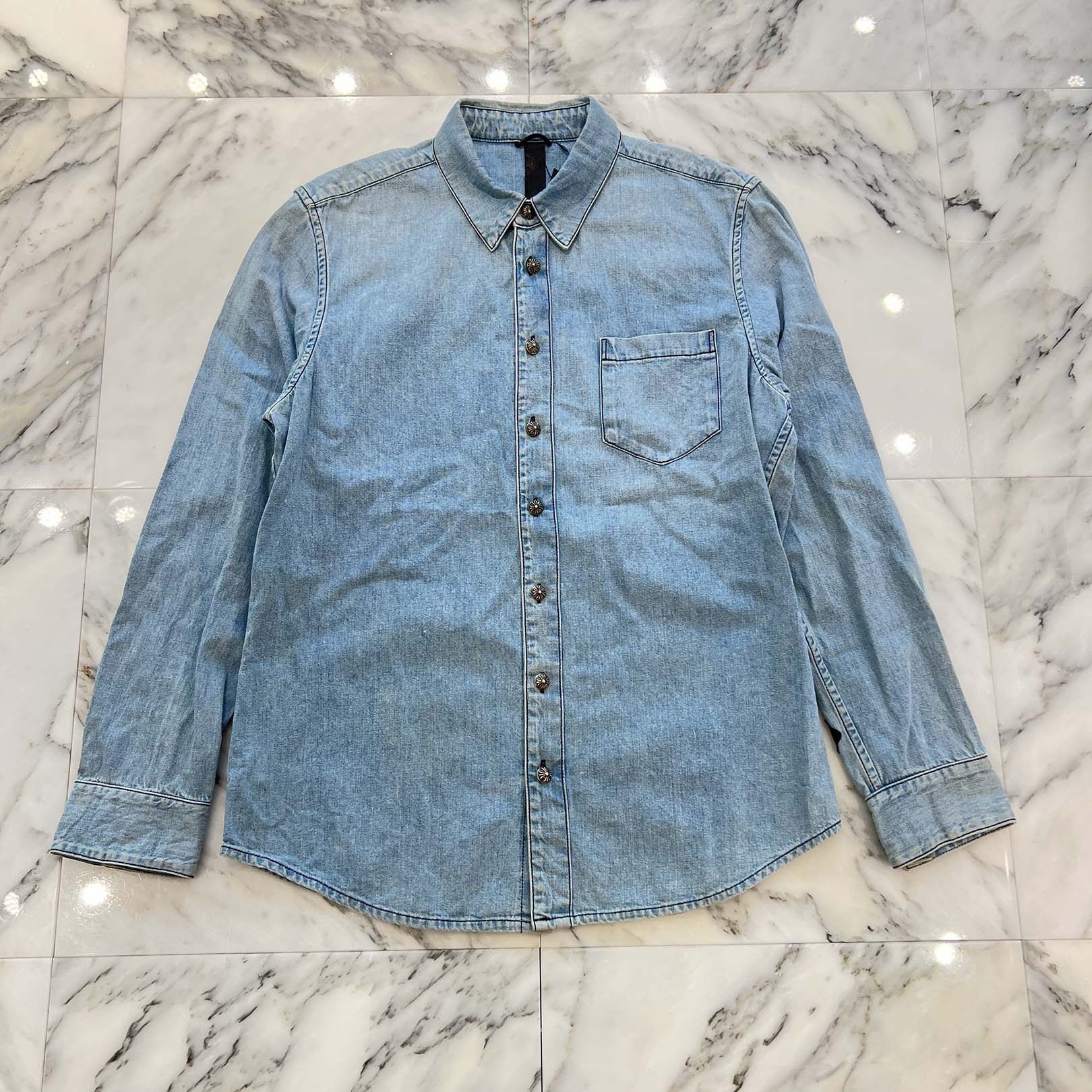 CHROME HEARTS Y NOT Leather Cross Patch Denim Shirt Size L クロムハーツ ワイノット レザークロスパッチ デニムシャツ サイズL