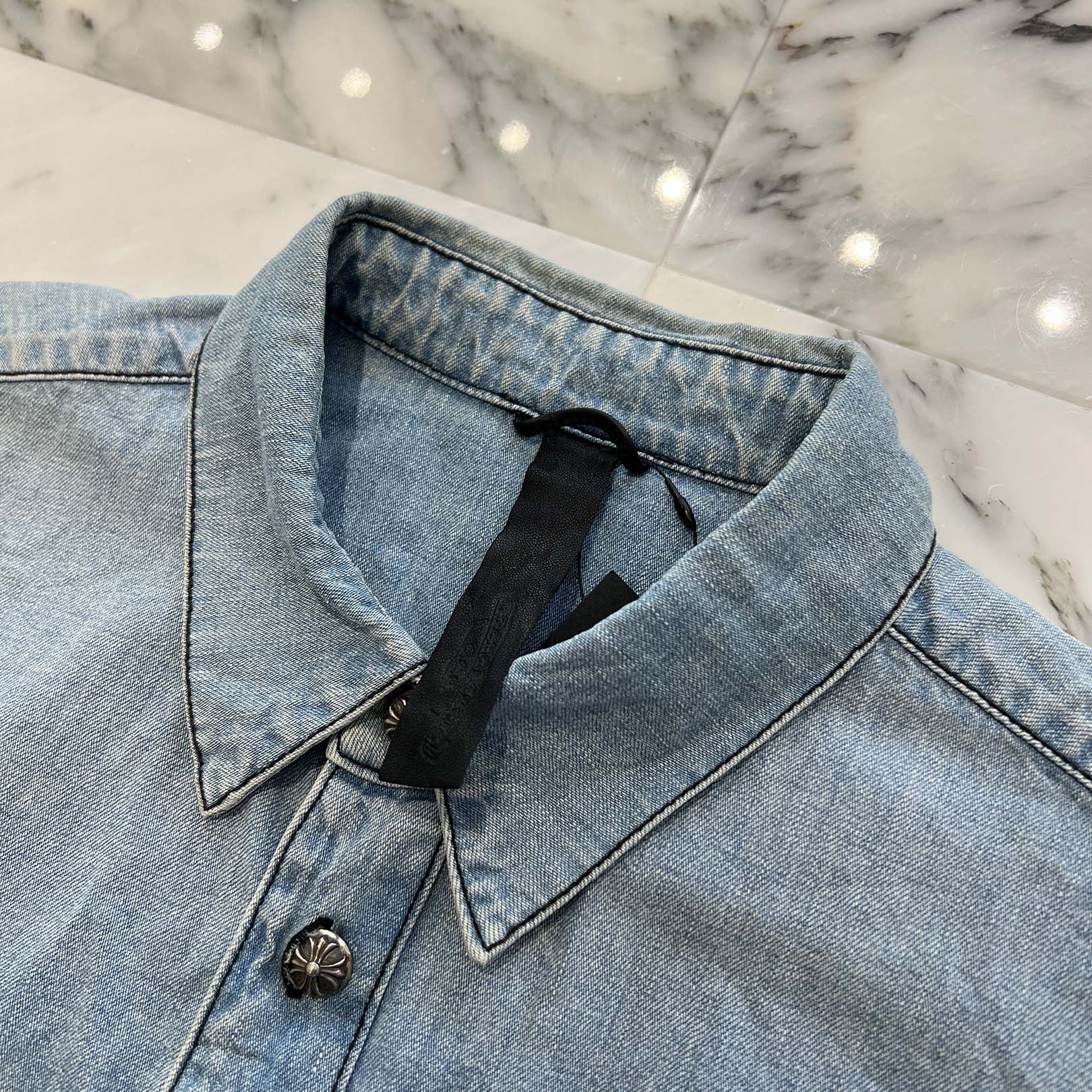 CHROME HEARTS Y NOT Leather Cross Patch Denim Shirt Size L クロムハーツ ワイノット レザークロスパッチ デニムシャツ サイズL