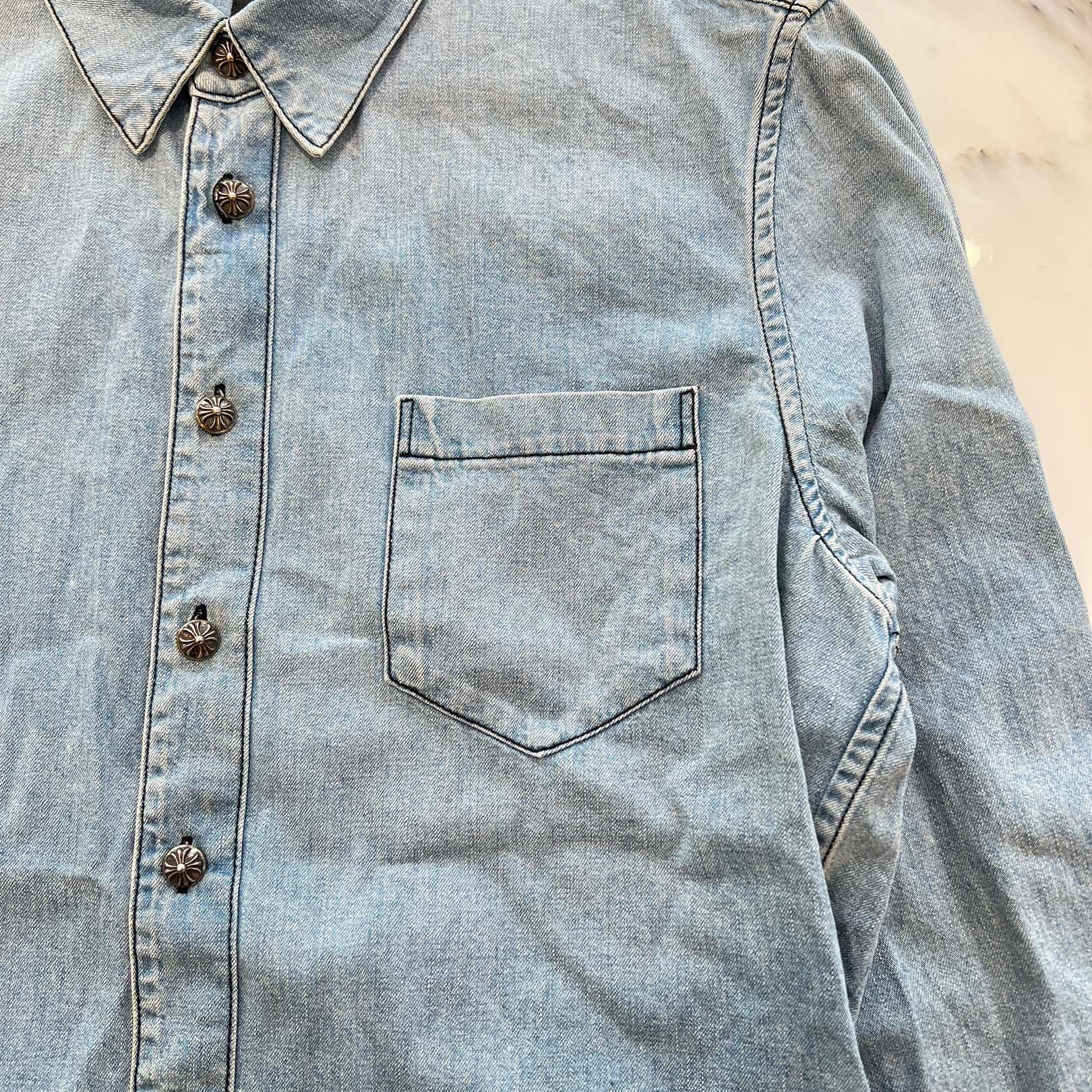 CHROME HEARTS Y NOT Leather Cross Patch Denim Shirt Size L クロムハーツ ワイノット レザークロスパッチ デニムシャツ サイズL