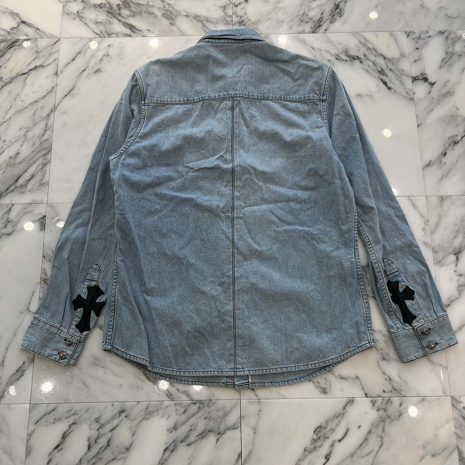 CHROME HEARTS Y NOT Leather Cross Patch Denim Shirt Size L クロムハーツ ワイノット レザークロスパッチ デニムシャツ サイズL