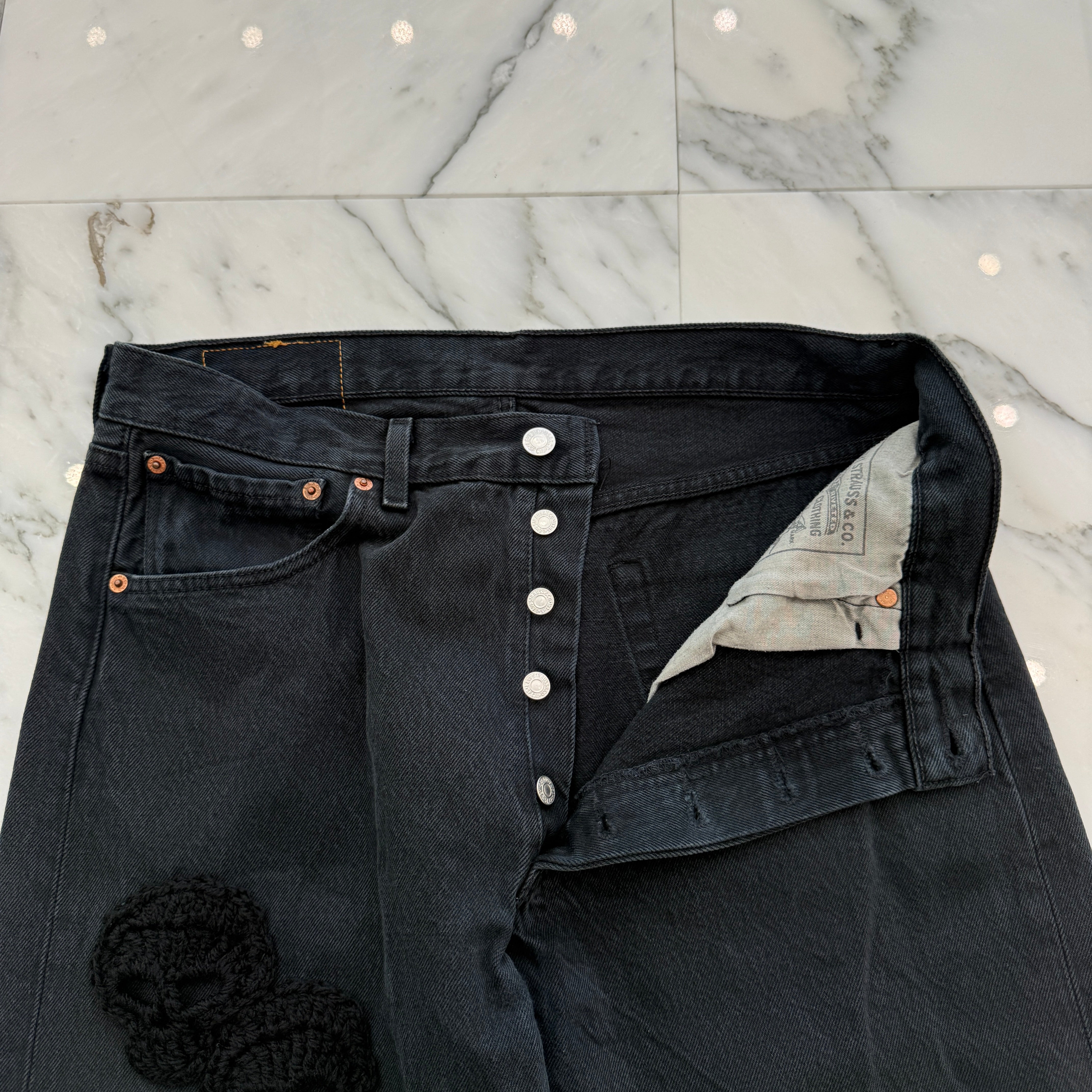Y.A.R.N × mementos Levi's 501 Body Knit Scull Denim Pants Size W34×L32 ヤーン×メメントス リーバイス 501 ボディ ニットスカル デニムパンツ サイズW34×L32
