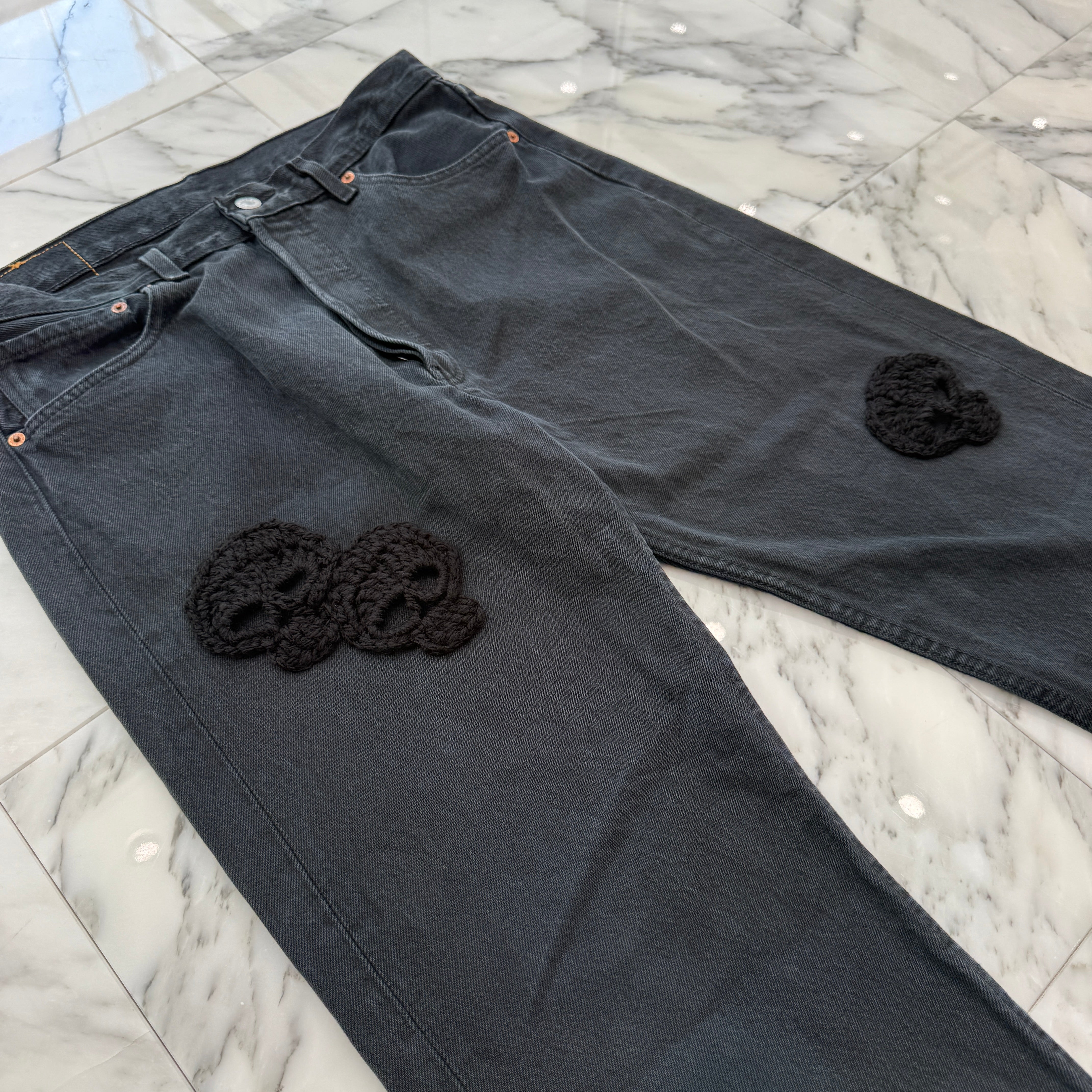 Y.A.R.N × mementos Levi's 501 Body Knit Scull Denim Pants Size W34×L32 ヤーン×メメントス リーバイス 501 ボディ ニットスカル デニムパンツ サイズW34×L32