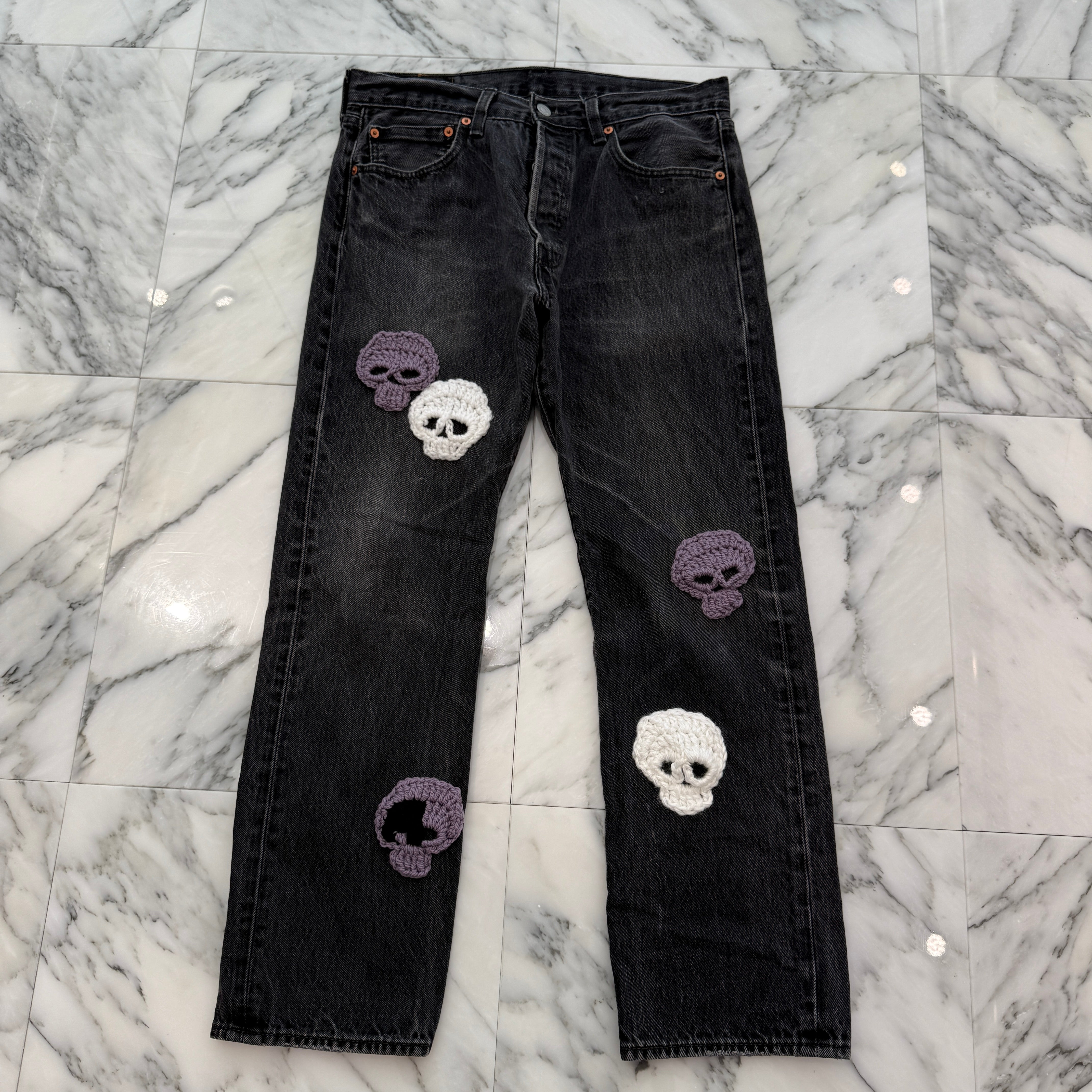 Y.A.R.N × mementos Levi's 501 Body Knit Scull Denim Pants Size W33×L30 ヤーン×メメントス リーバイス 501 ボディ ニットスカル デニムパンツ サイズW33×L30