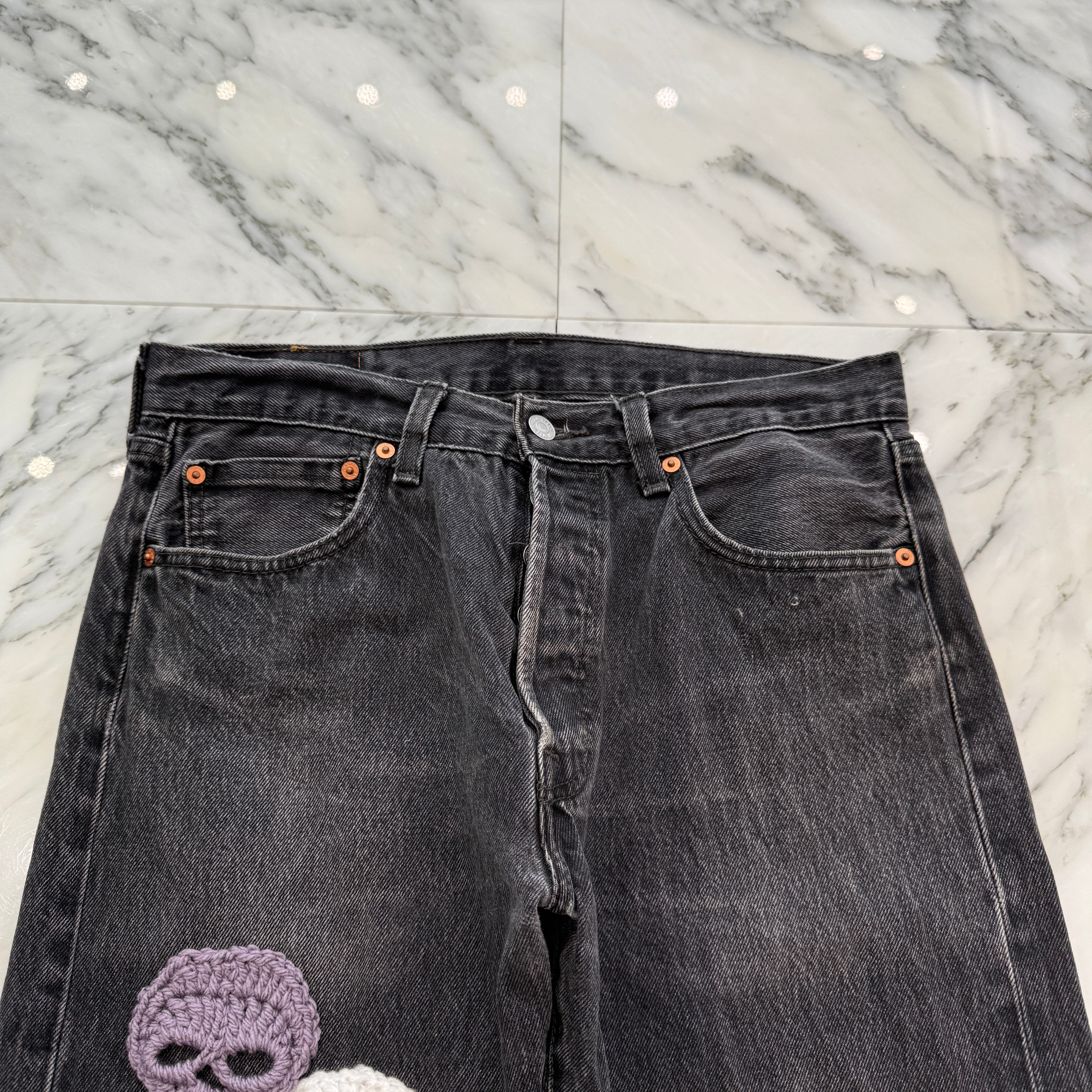 Y.A.R.N × mementos Levi's 501 Body Knit Scull Denim Pants Size W33×L30 ヤーン×メメントス リーバイス 501 ボディ ニットスカル デニムパンツ サイズW33×L30