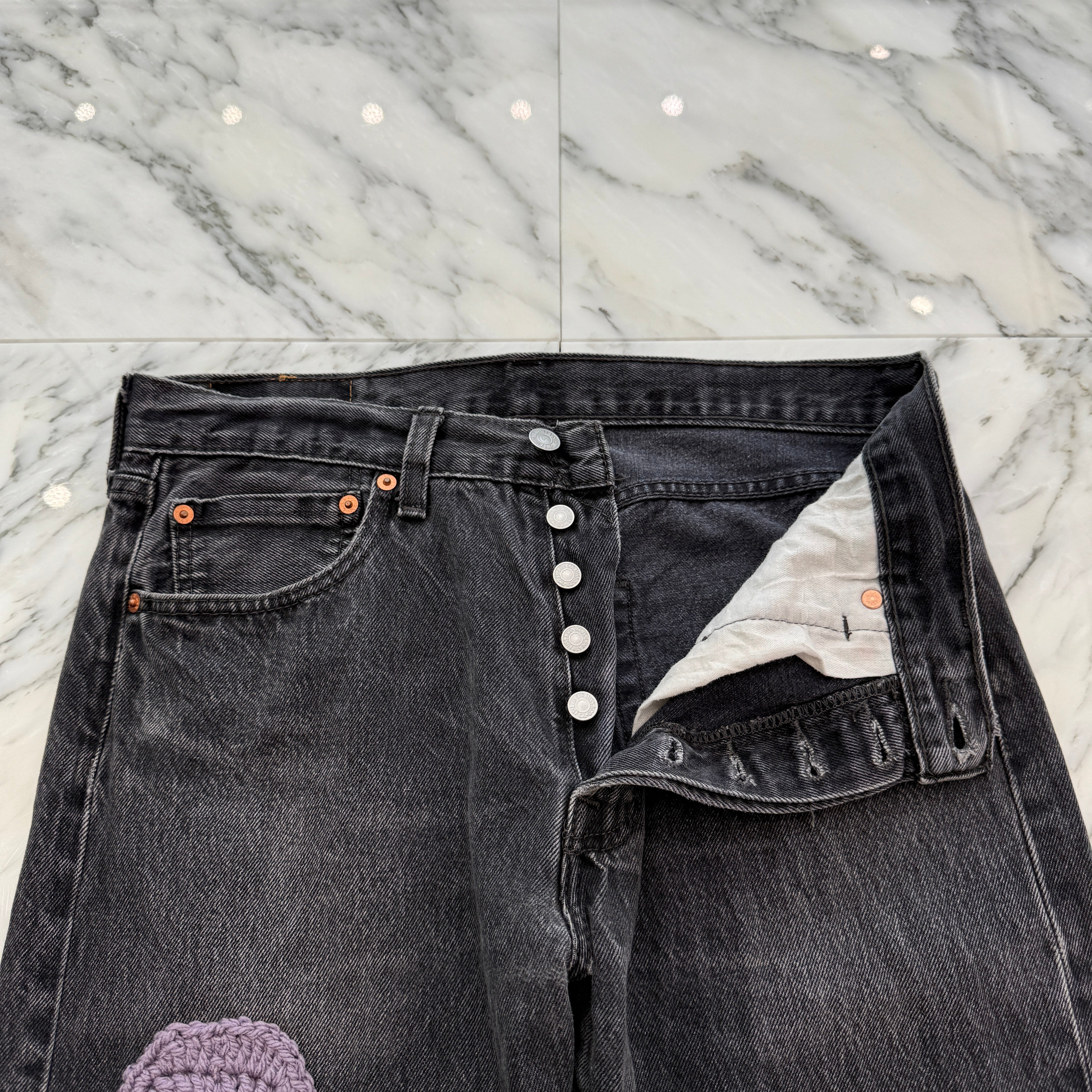 Y.A.R.N × mementos Levi's 501 Body Knit Scull Denim Pants Size W33×L30 ヤーン×メメントス リーバイス 501 ボディ ニットスカル デニムパンツ サイズW33×L30