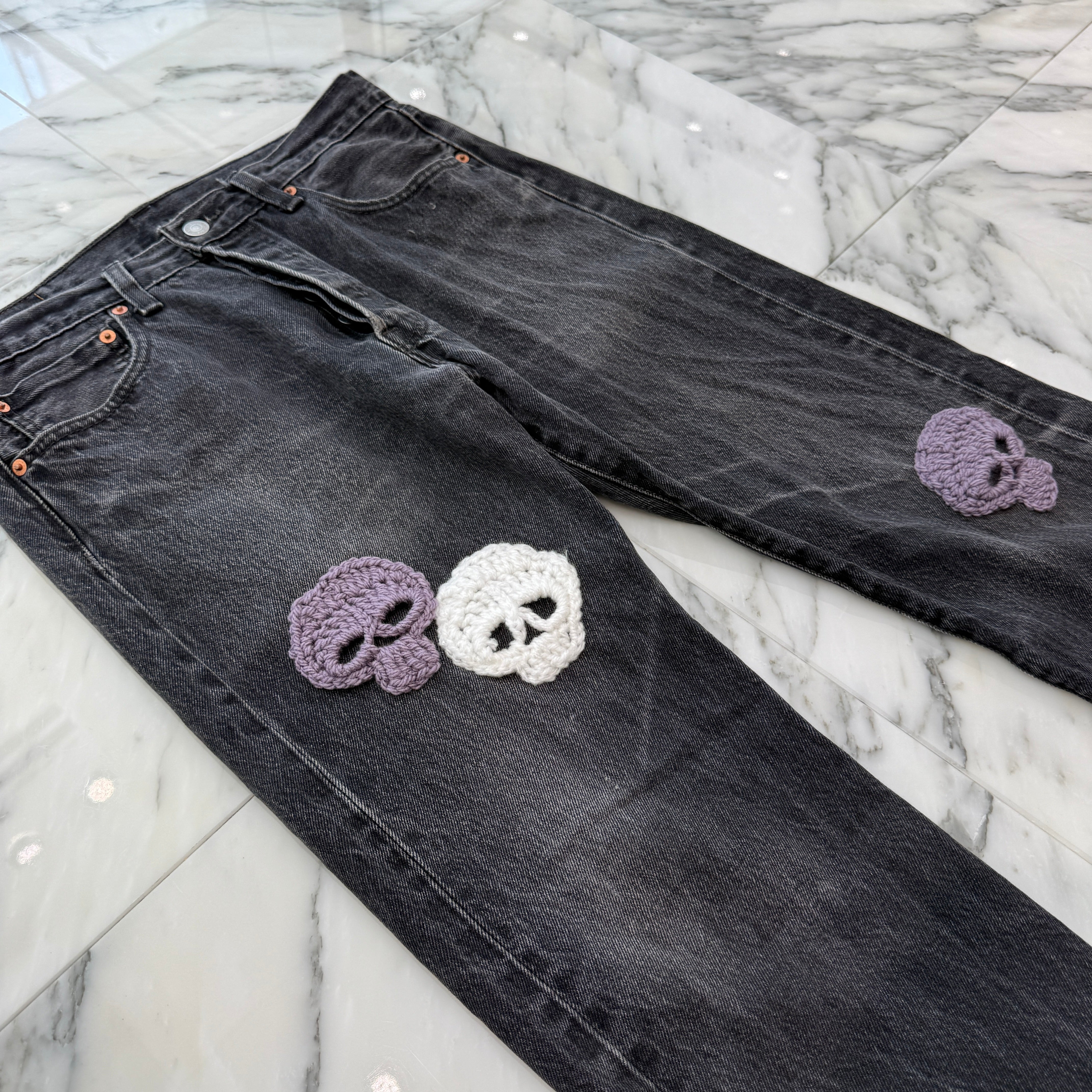 Y.A.R.N × mementos Levi's 501 Body Knit Scull Denim Pants Size W33×L30 ヤーン×メメントス リーバイス 501 ボディ ニットスカル デニムパンツ サイズW33×L30
