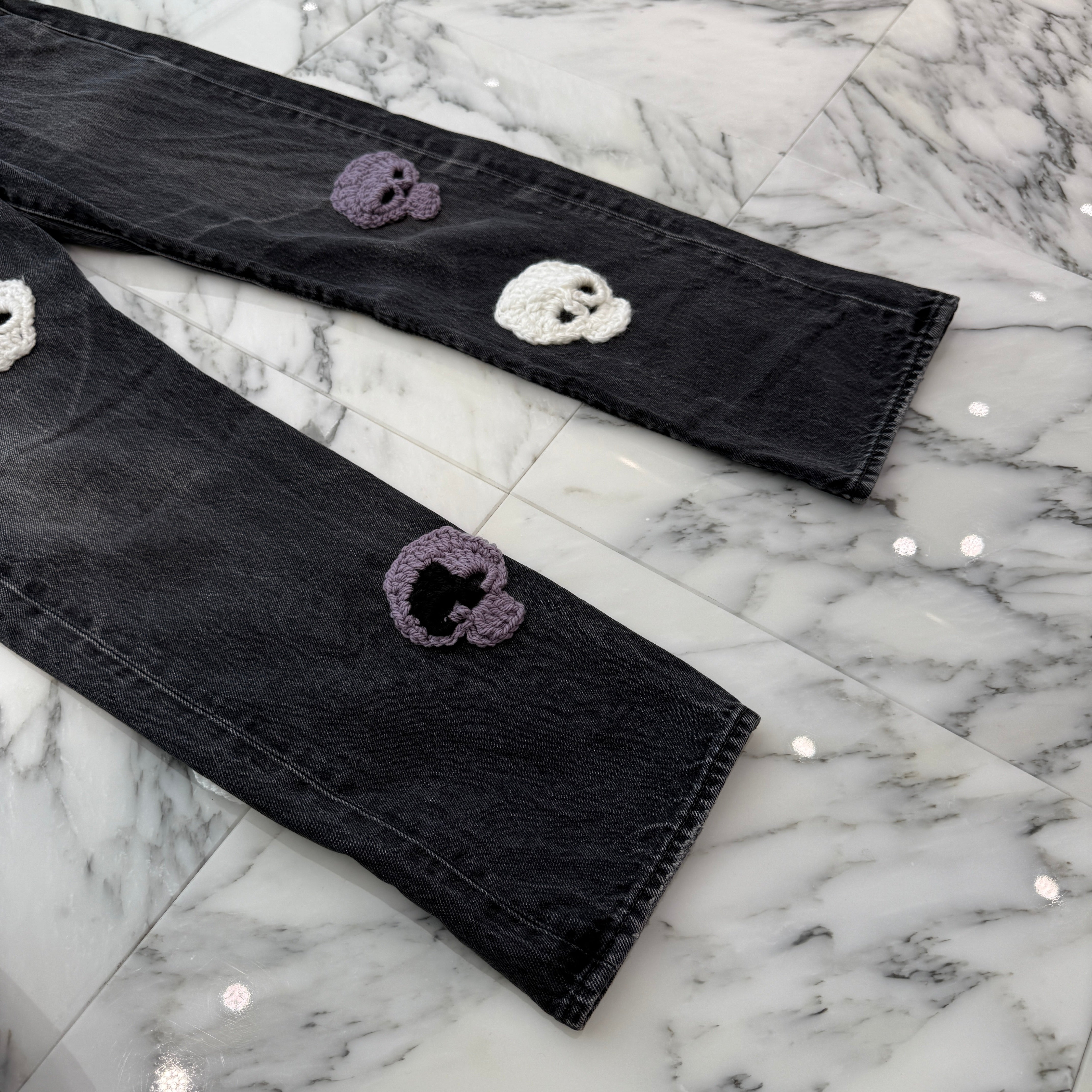 Y.A.R.N × mementos Levi's 501 Body Knit Scull Denim Pants Size W33×L30 ヤーン×メメントス リーバイス 501 ボディ ニットスカル デニムパンツ サイズW33×L30