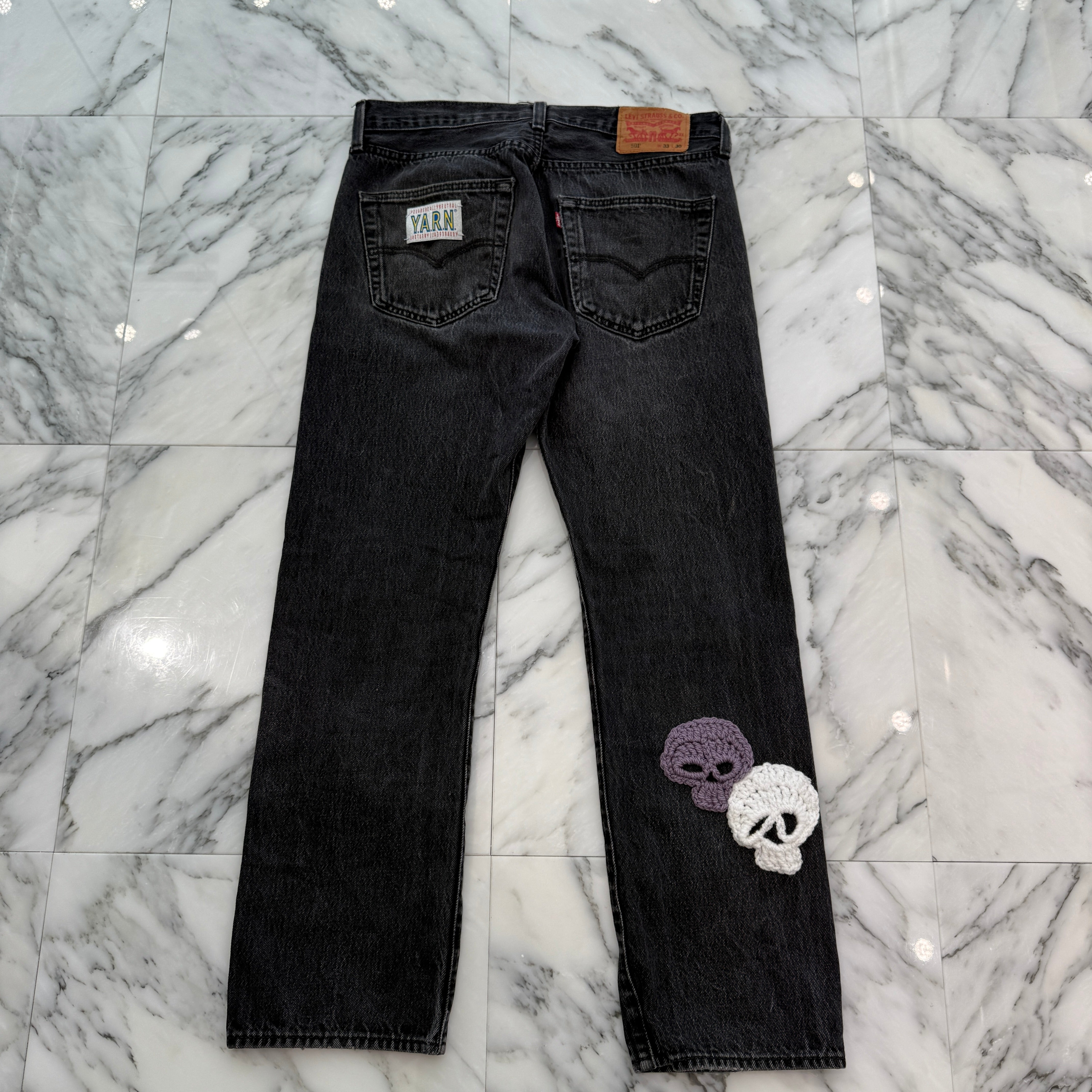 Y.A.R.N × mementos Levi's 501 Body Knit Scull Denim Pants Size W33×L30 ヤーン×メメントス リーバイス 501 ボディ ニットスカル デニムパンツ サイズW33×L30