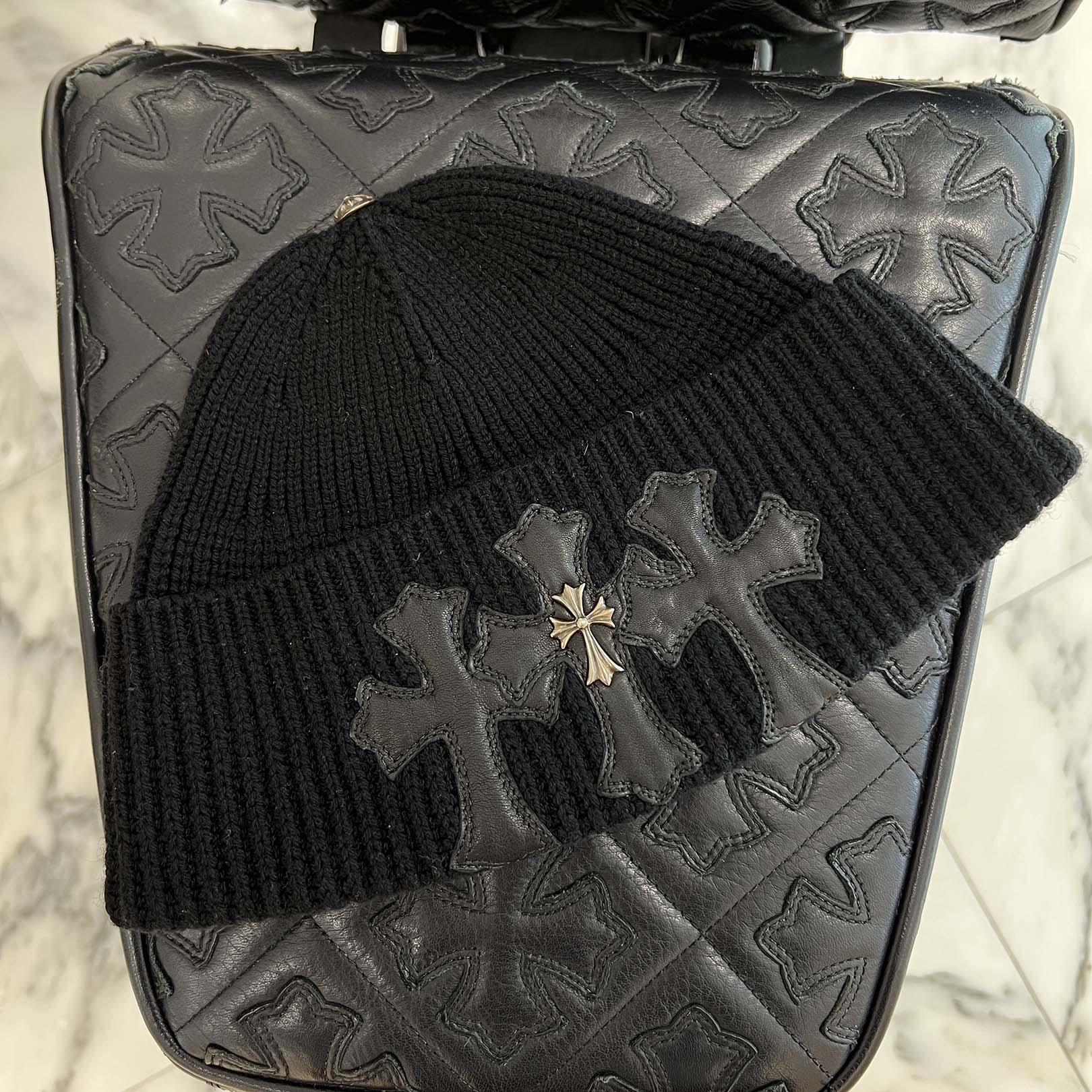 CHROME HEARTS Cashmere Leather 3 Cross Patch Beanie Size ONE SIZE (53-60) クロムハーツ カシミヤ レザー 3クロスパッチ ビーニー サイズONE SIZE (53-60)