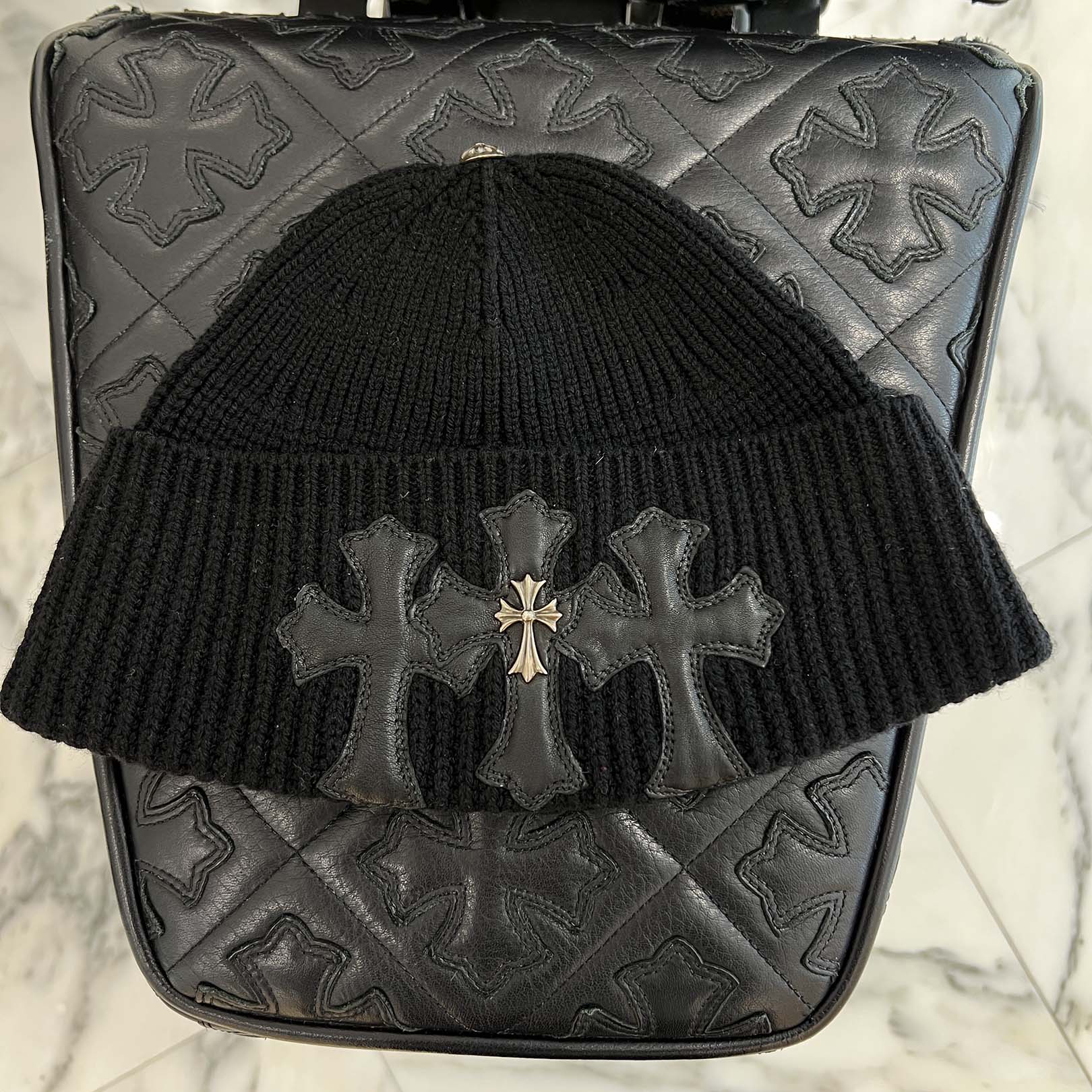 CHROME HEARTS Cashmere Leather 3 Cross Patch Beanie Size ONE SIZE (53-60) クロムハーツ カシミヤ レザー 3クロスパッチ ビーニー サイズONE SIZE (53-60)