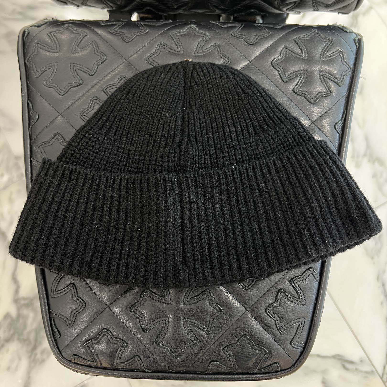 CHROME HEARTS Cashmere Leather 3 Cross Patch Beanie Size ONE SIZE (53-60) クロムハーツ カシミヤ レザー 3クロスパッチ ビーニー サイズONE SIZE (53-60)
