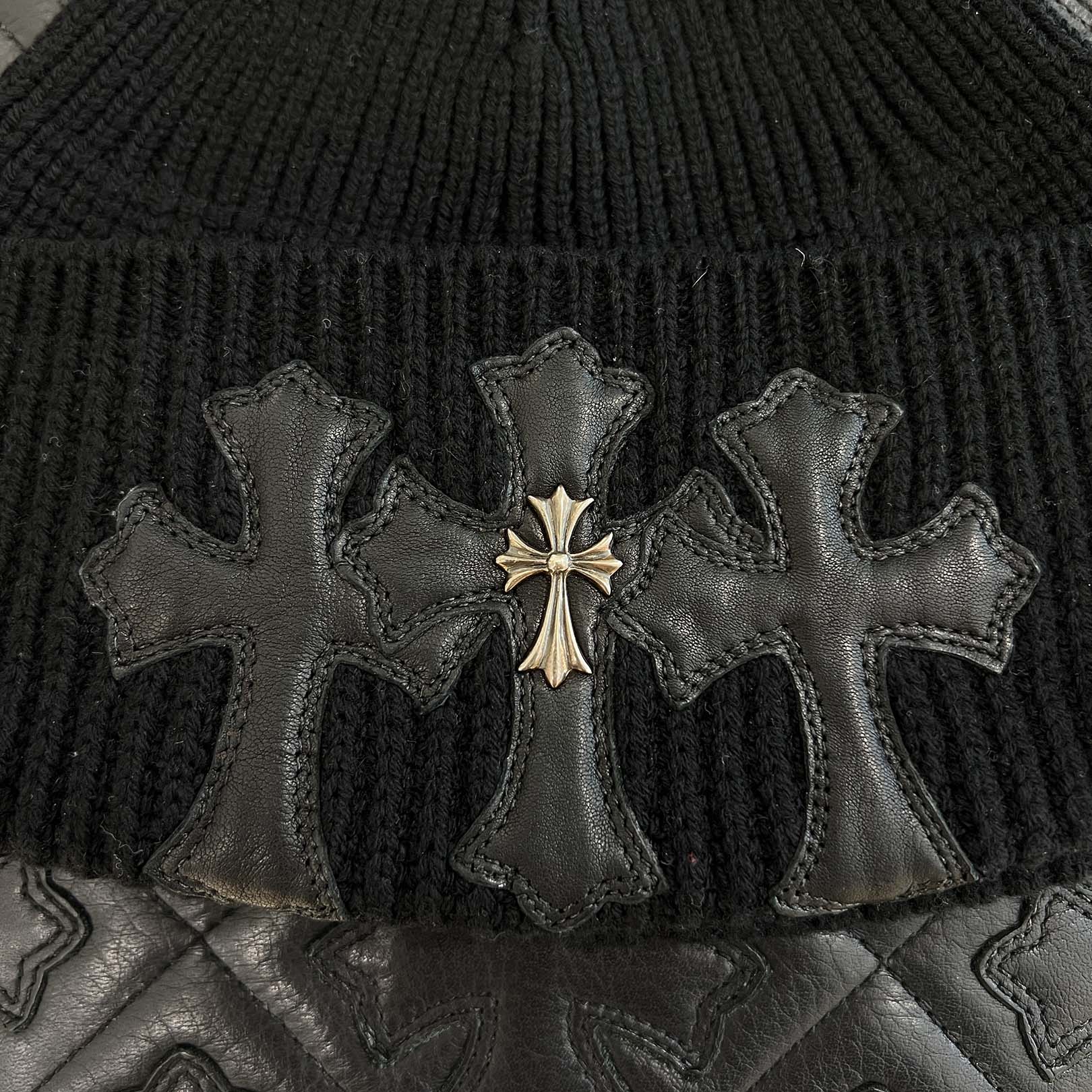 CHROME HEARTS Cashmere Leather 3 Cross Patch Beanie Size ONE SIZE (53-60) クロムハーツ カシミヤ レザー 3クロスパッチ ビーニー サイズONE SIZE (53-60)