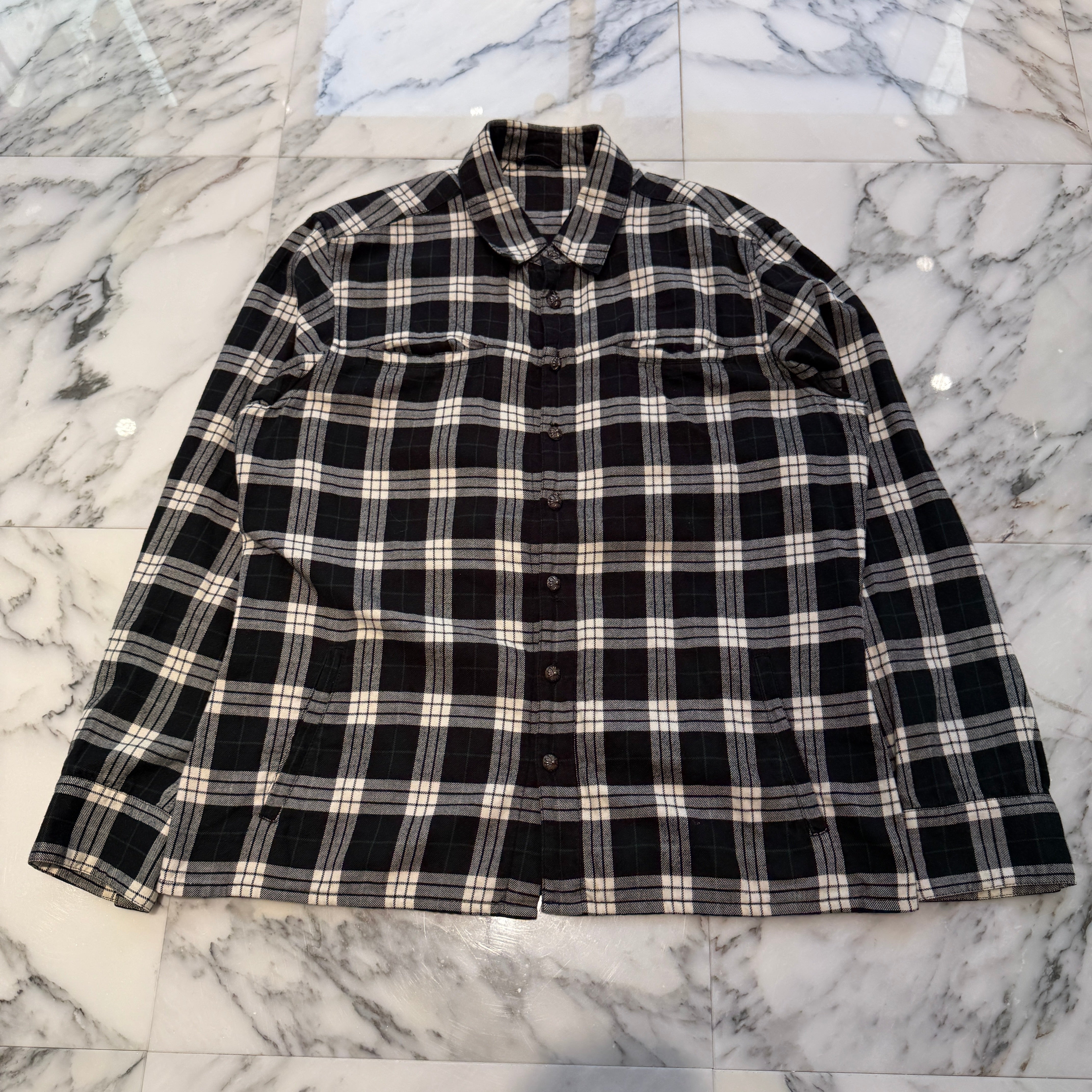 CHROME HEARTS Leather Cross Patch Cross Ball Button Check Shirt Size L クロムハーツ レザークロスパッチ クロスボールボタン チェックシャツ サイズL