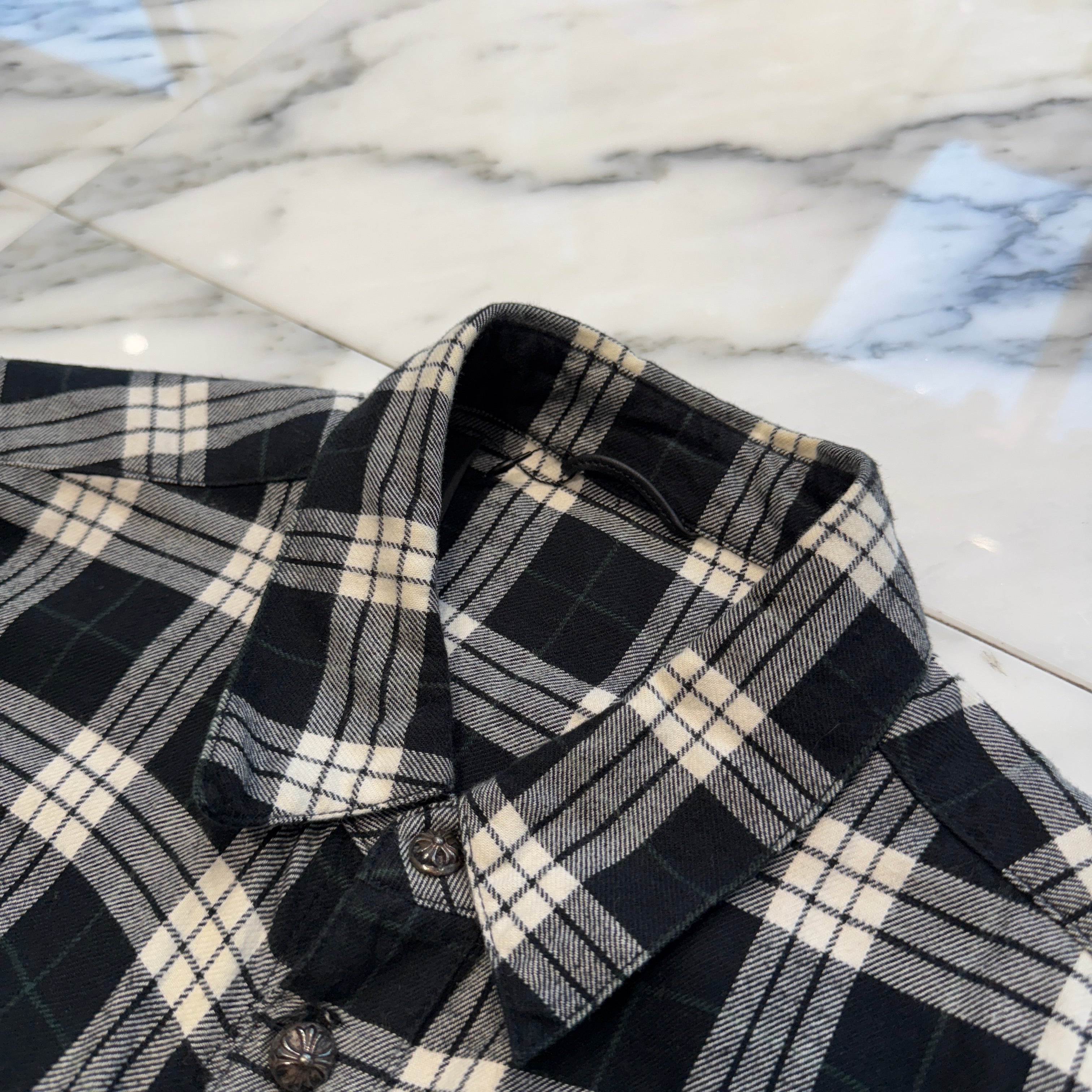 CHROME HEARTS Leather Cross Patch Cross Ball Button Check Shirt Size L クロムハーツ レザークロスパッチ クロスボールボタン チェックシャツ サイズL