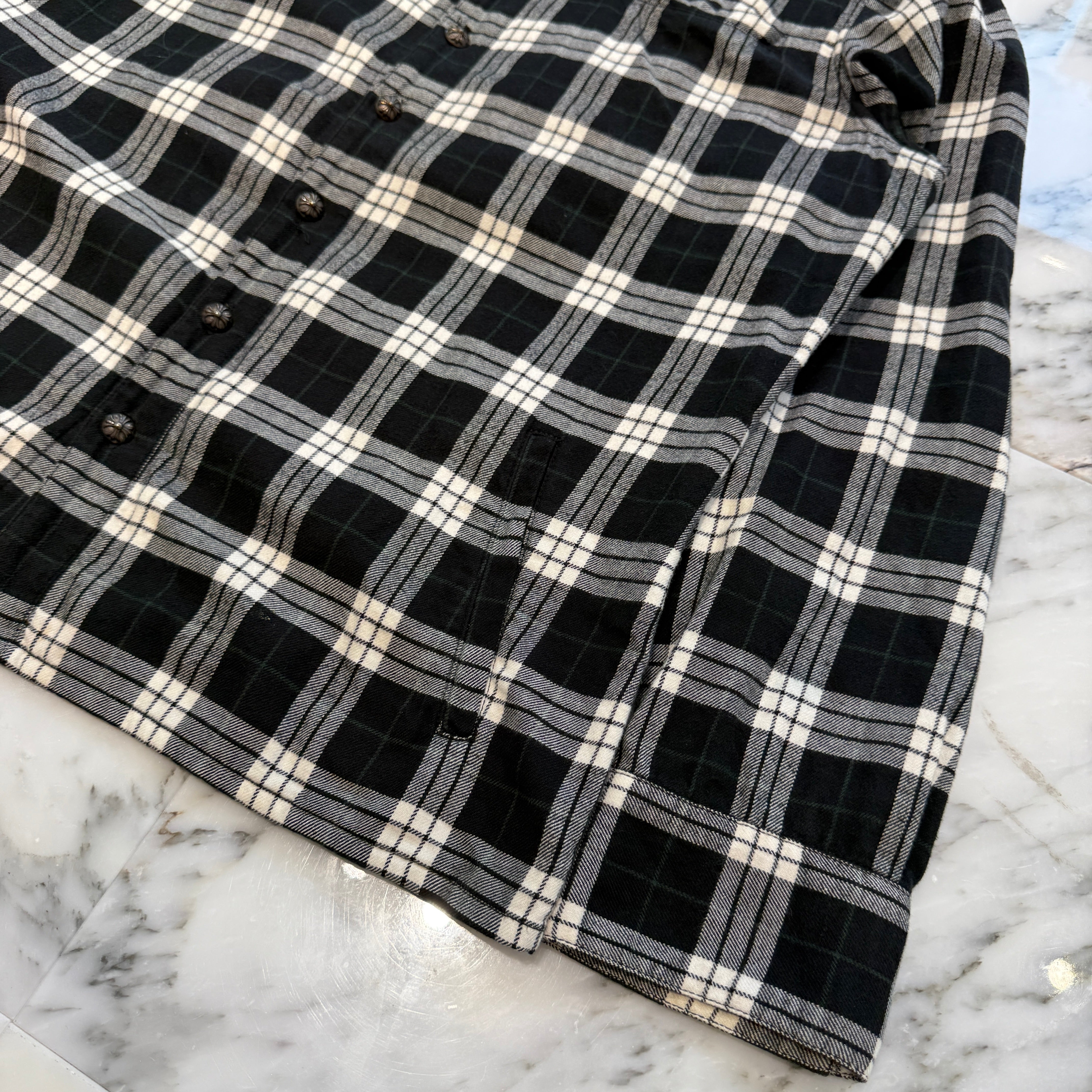 CHROME HEARTS Leather Cross Patch Cross Ball Button Check Shirt Size L クロムハーツ レザークロスパッチ クロスボールボタン チェックシャツ サイズL