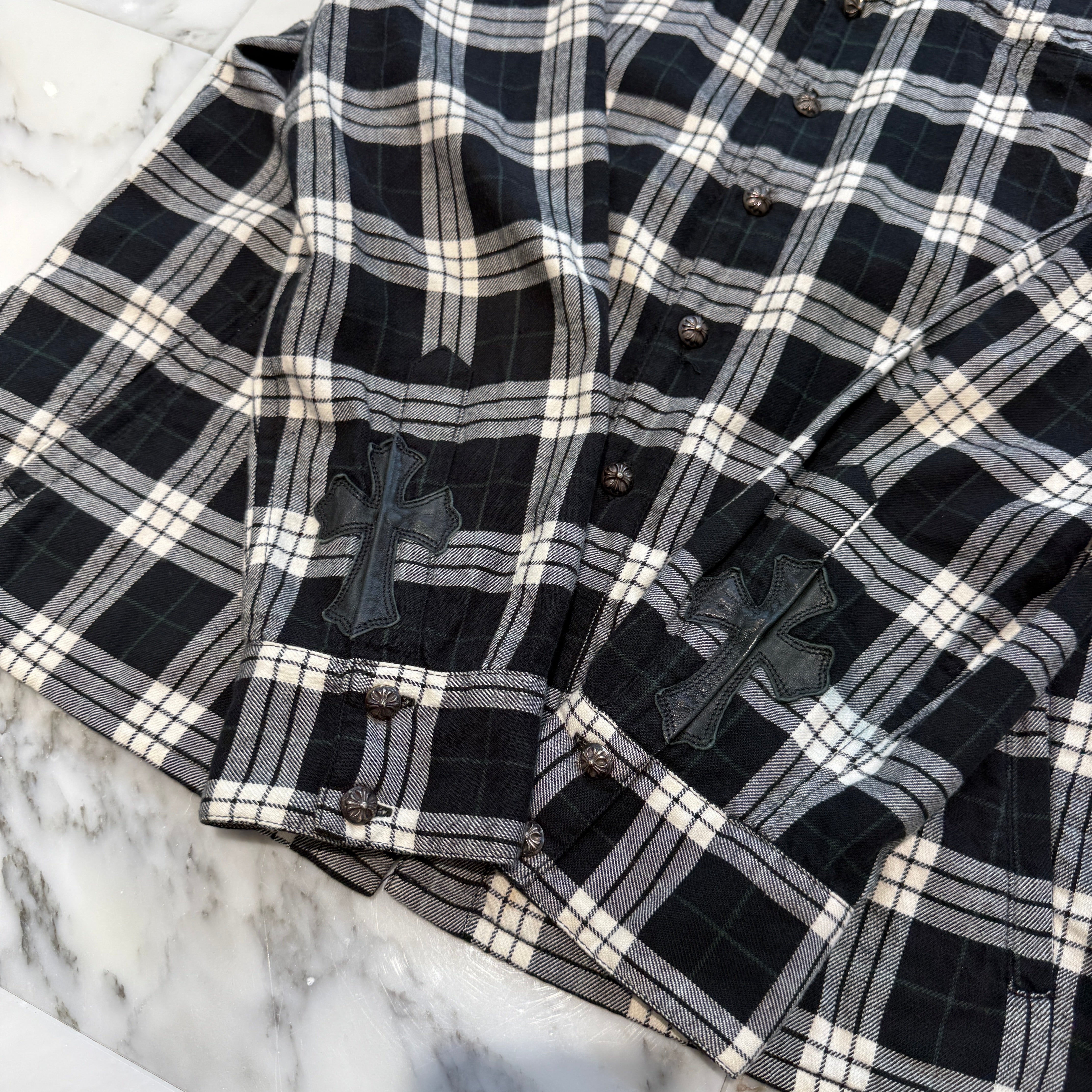 CHROME HEARTS Leather Cross Patch Cross Ball Button Check Shirt Size L クロムハーツ レザークロスパッチ クロスボールボタン チェックシャツ サイズL