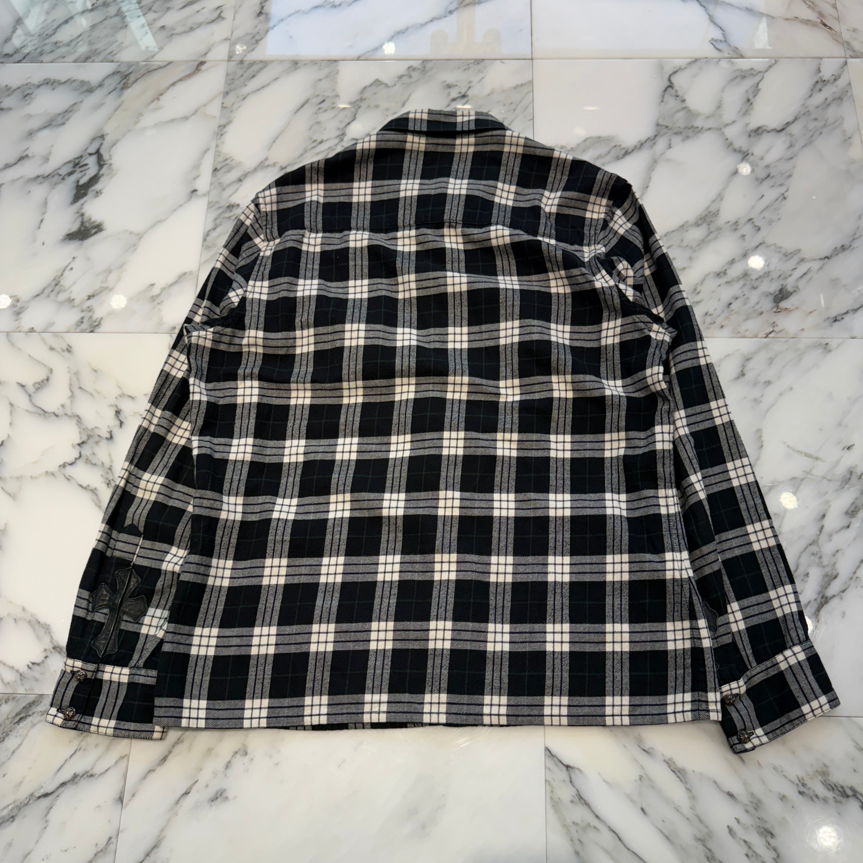 CHROME HEARTS Leather Cross Patch Cross Ball Button Check Shirt Size L クロムハーツ レザークロスパッチ クロスボールボタン チェックシャツ サイズL