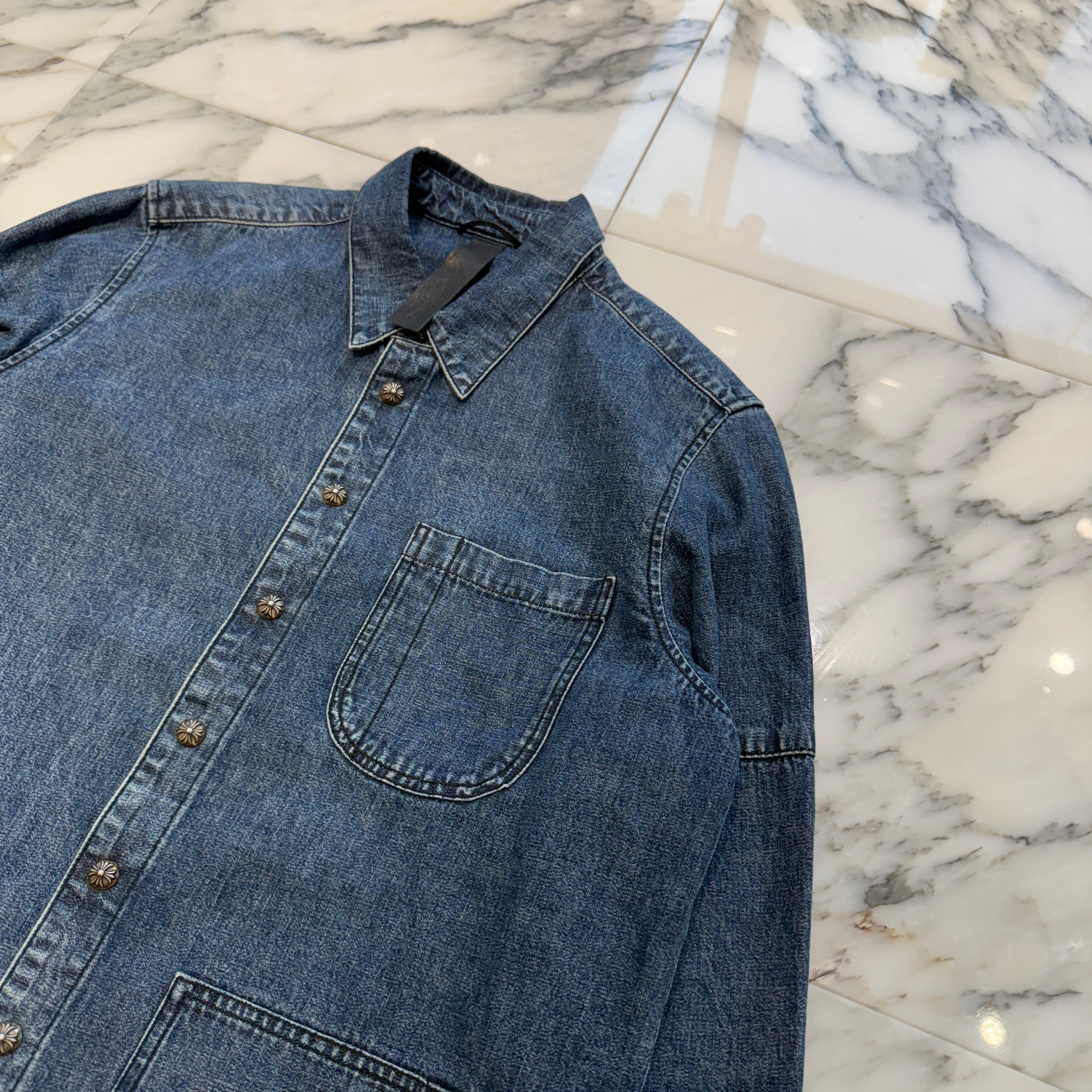 CHROME HEARTS Y NOT Cross Ball Button LAST BITE Denim Shirt Size M クロムハーツ ワイノット クロスボールボタン ラストバイト デニムシャツ サイズM