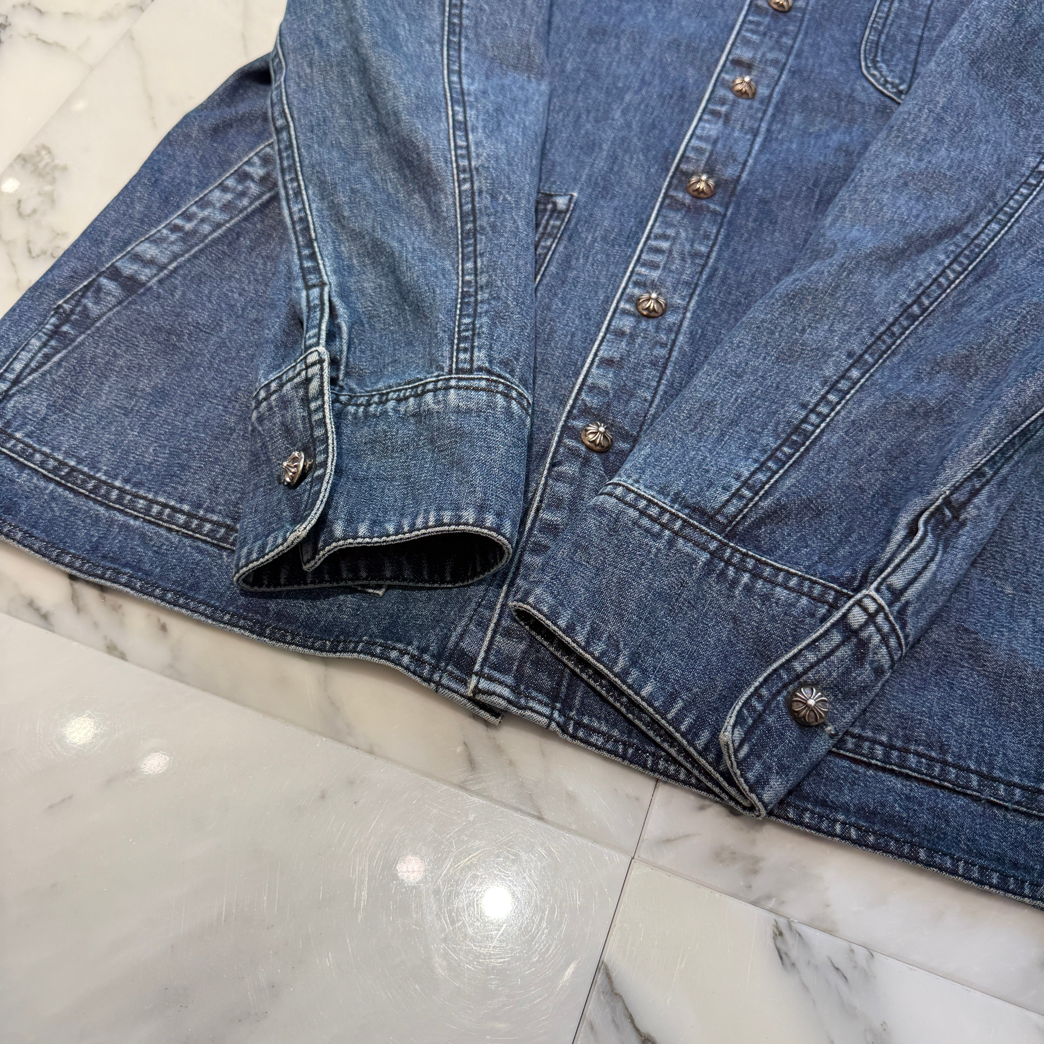 CHROME HEARTS Y NOT Cross Ball Button LAST BITE Denim Shirt Size M クロムハーツ ワイノット クロスボールボタン ラストバイト デニムシャツ サイズM