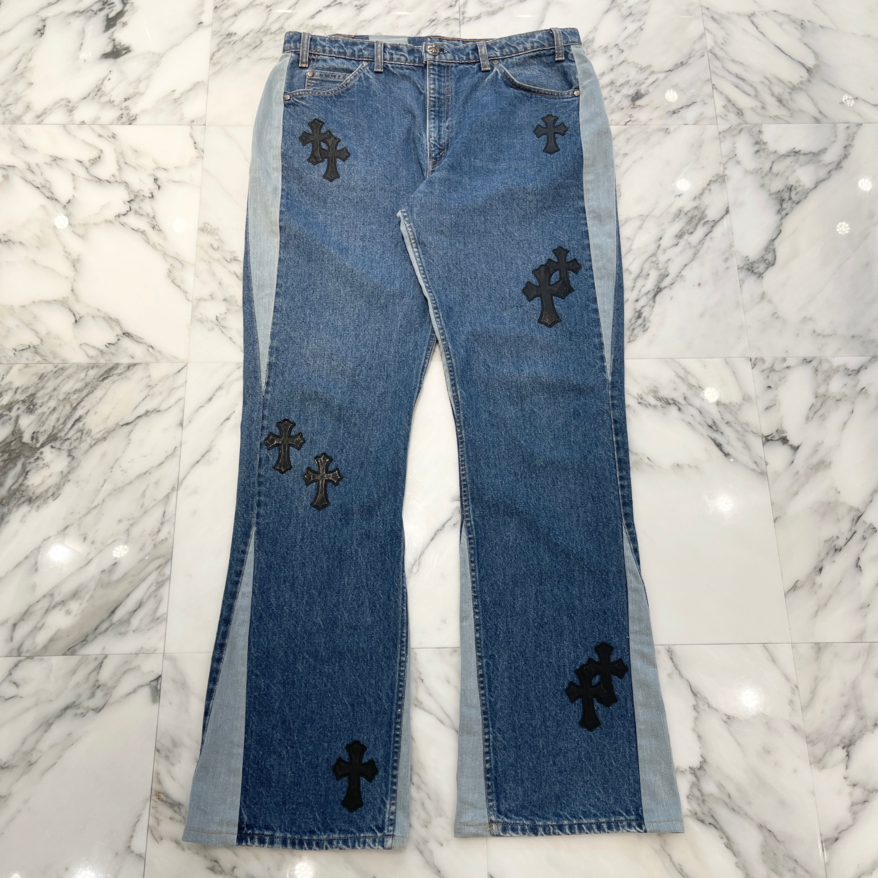 CHROME HEARTS × Levi's 505 VNTG Cross Leather Patch Flair Jeans Size 34 クロムハーツ × リーバイス 505 ヴィンテージ クロスレザーパッチ フレアジーンズ デニムパンツ サイズ34