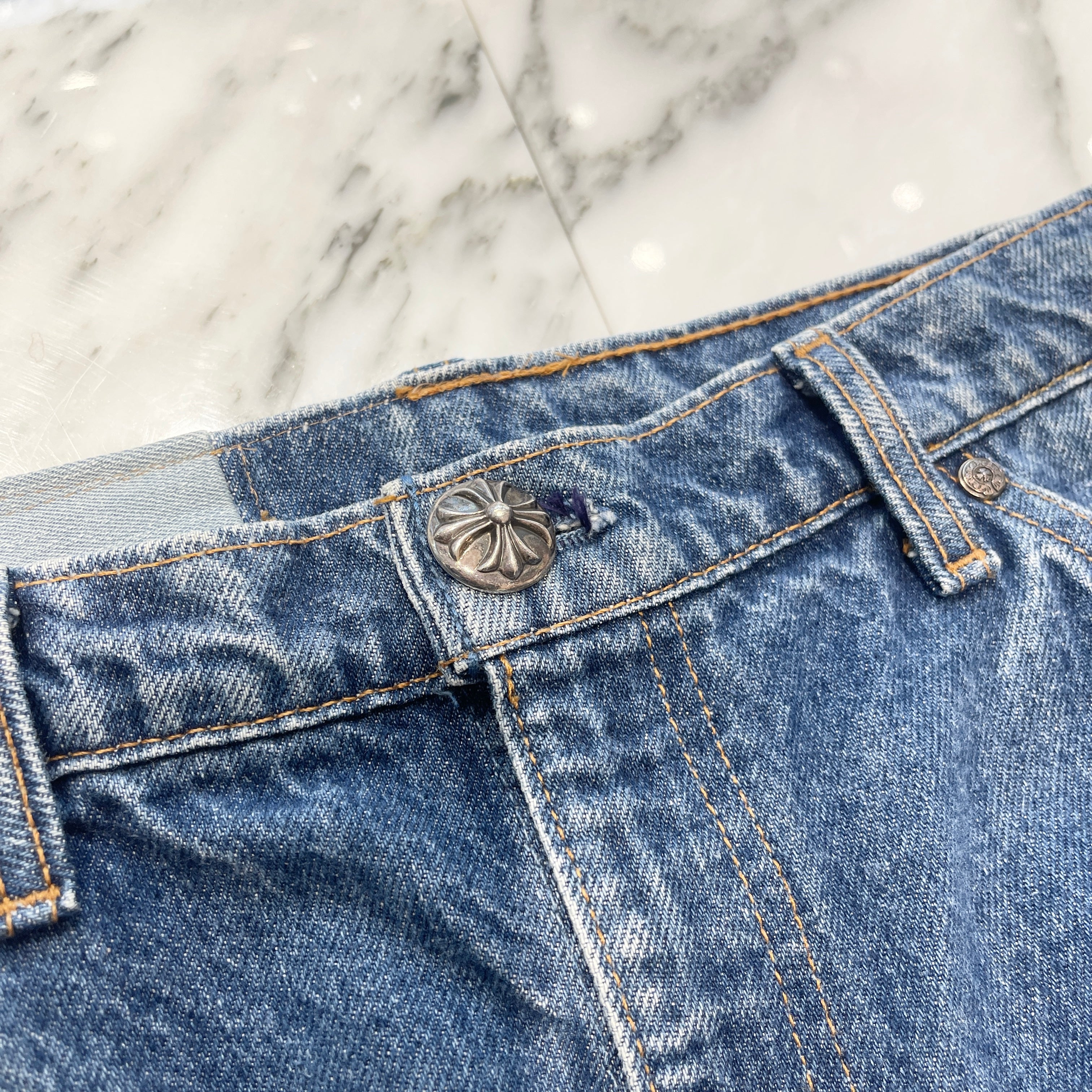 CHROME HEARTS × Levi's 505 VNTG Cross Leather Patch Flair Jeans Size 34 クロムハーツ × リーバイス 505 ヴィンテージ クロスレザーパッチ フレアジーンズ デニムパンツ サイズ34