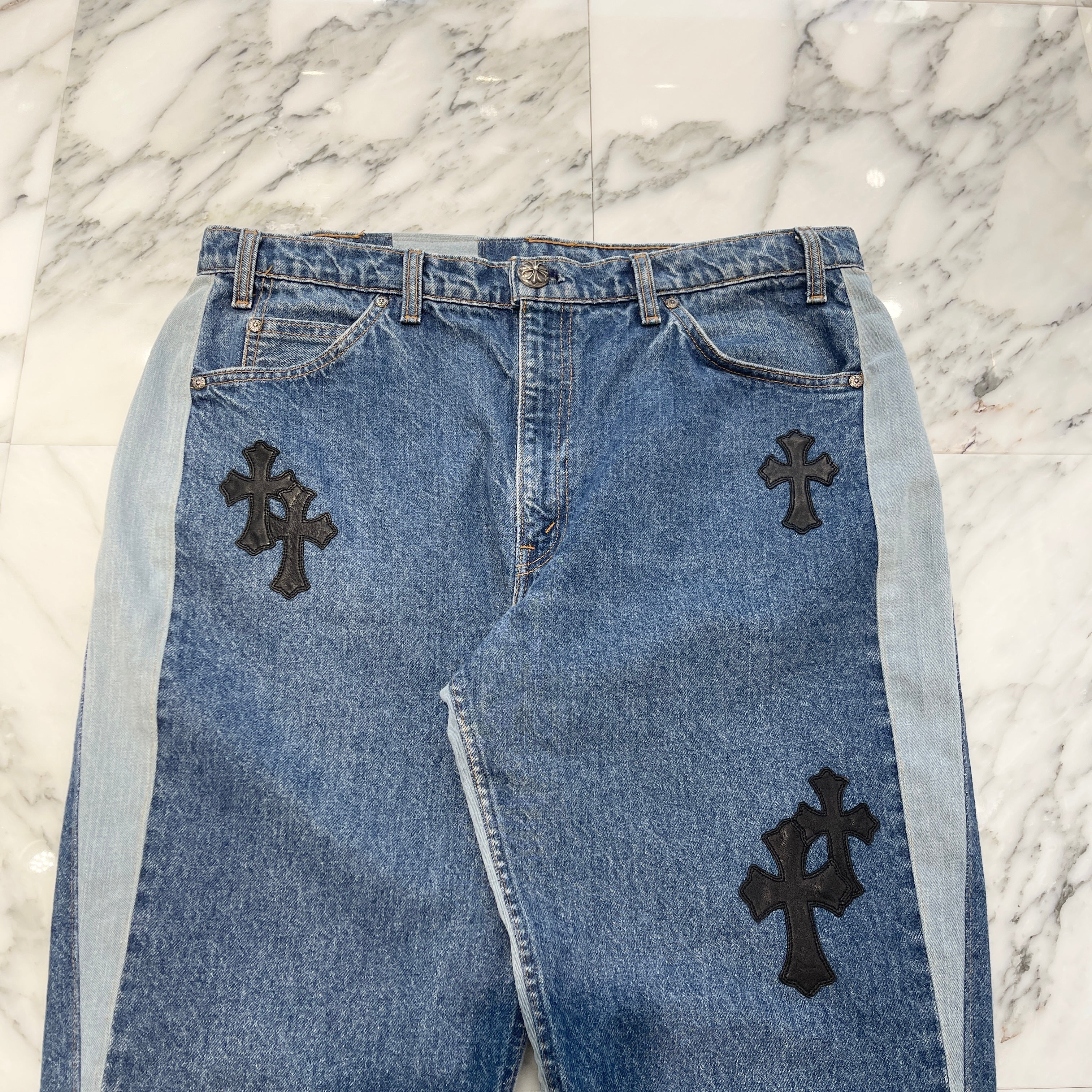 CHROME HEARTS × Levi's 505 VNTG Cross Leather Patch Flair Jeans Size 34 クロムハーツ × リーバイス 505 ヴィンテージ クロスレザーパッチ フレアジーンズ デニムパンツ サイズ34