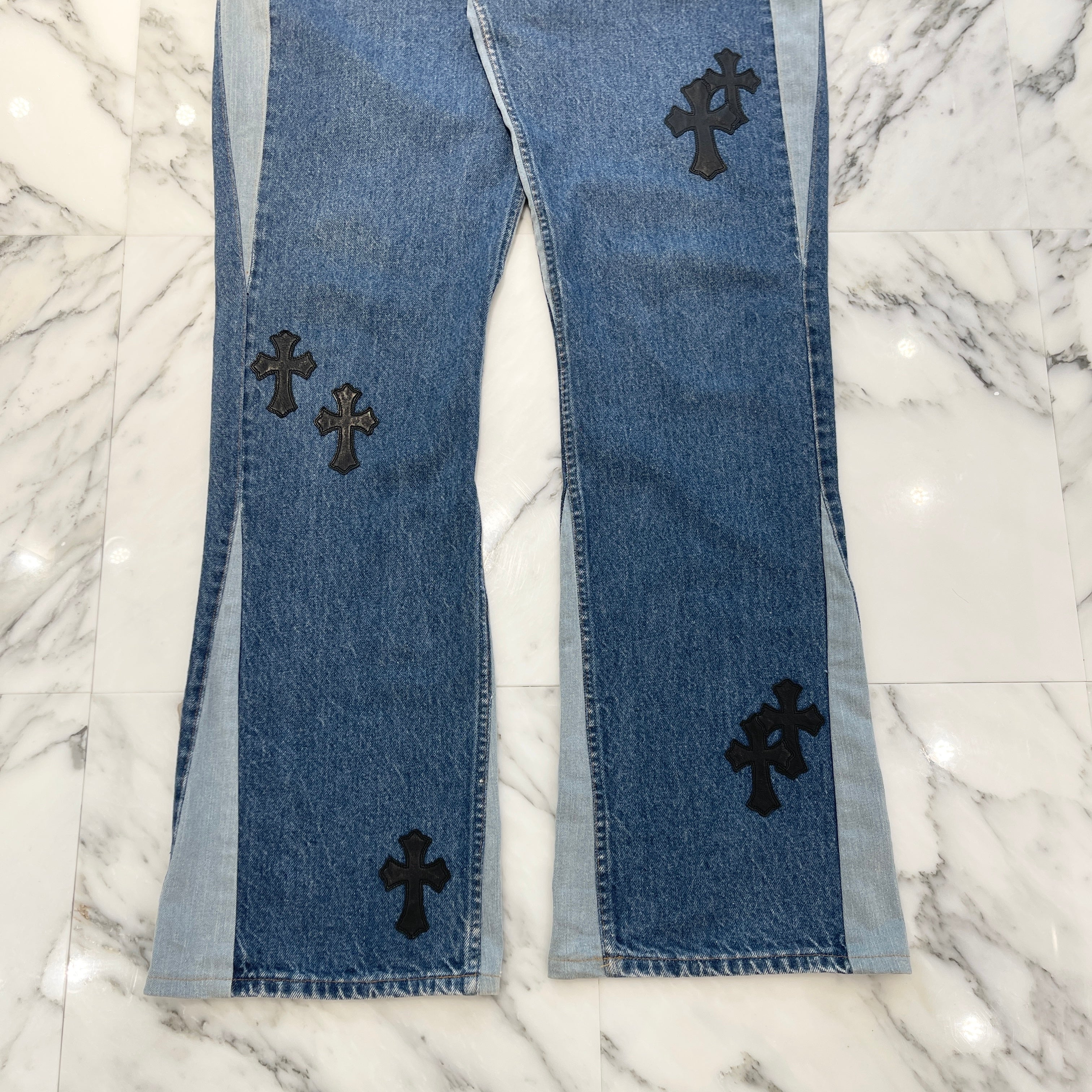 CHROME HEARTS × Levi's 505 VNTG Cross Leather Patch Flair Jeans Size 34 クロムハーツ × リーバイス 505 ヴィンテージ クロスレザーパッチ フレアジーンズ デニムパンツ サイズ34