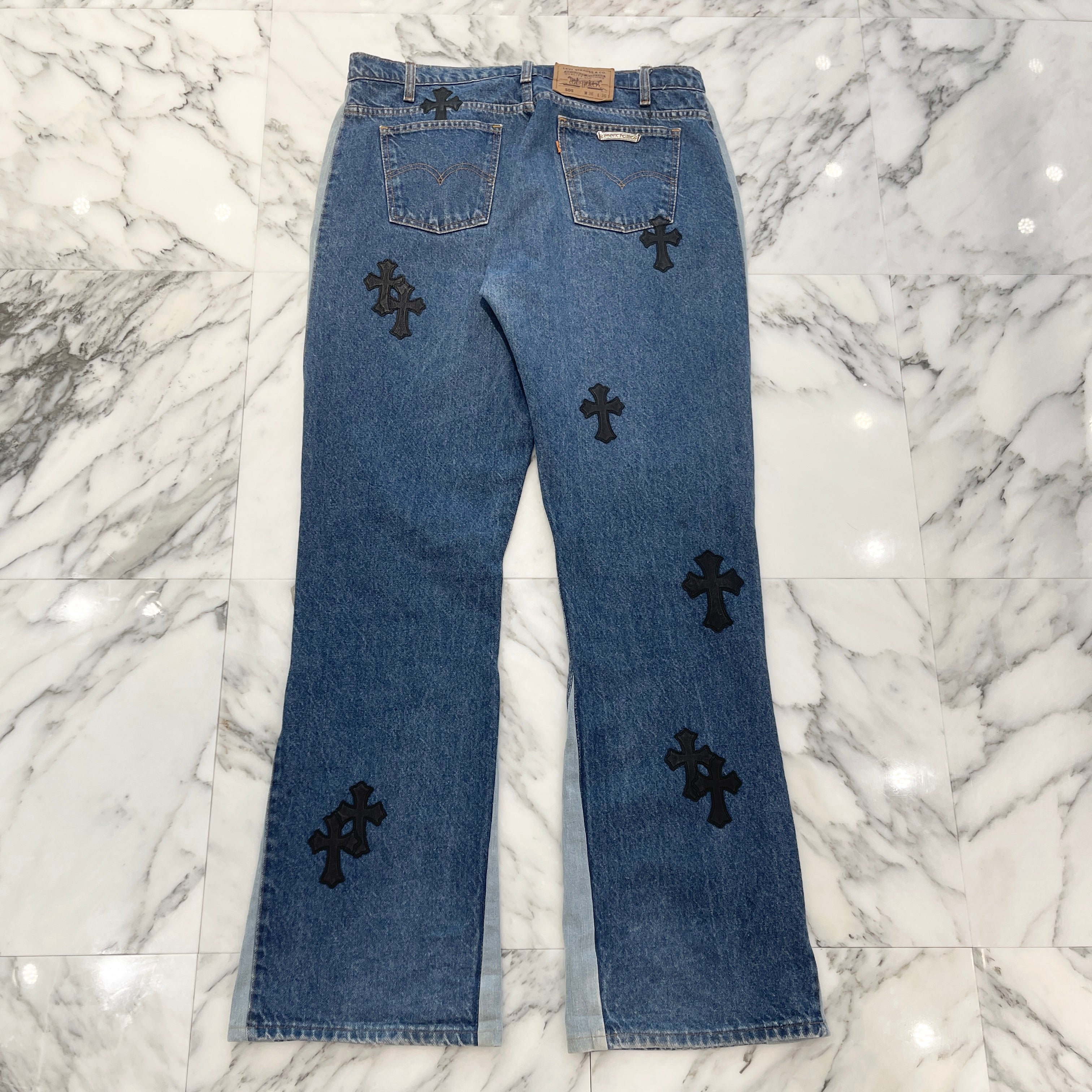 CHROME HEARTS × Levi's 505 VNTG Cross Leather Patch Flair Jeans Size 34 クロムハーツ × リーバイス 505 ヴィンテージ クロスレザーパッチ フレアジーンズ デニムパンツ サイズ34