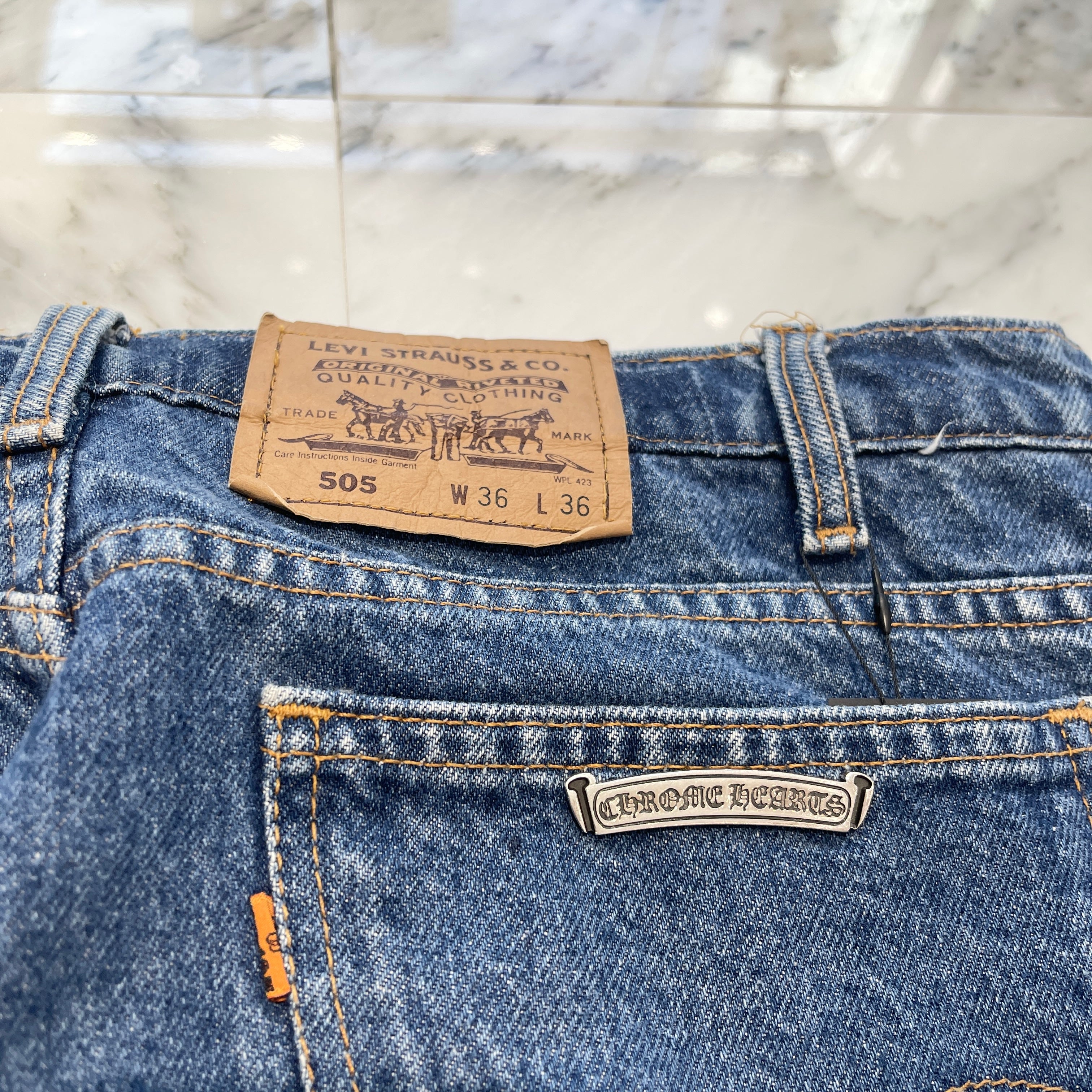 CHROME HEARTS × Levi's 505 VNTG Cross Leather Patch Flair Jeans Size 34 クロムハーツ × リーバイス 505 ヴィンテージ クロスレザーパッチ フレアジーンズ デニムパンツ サイズ34