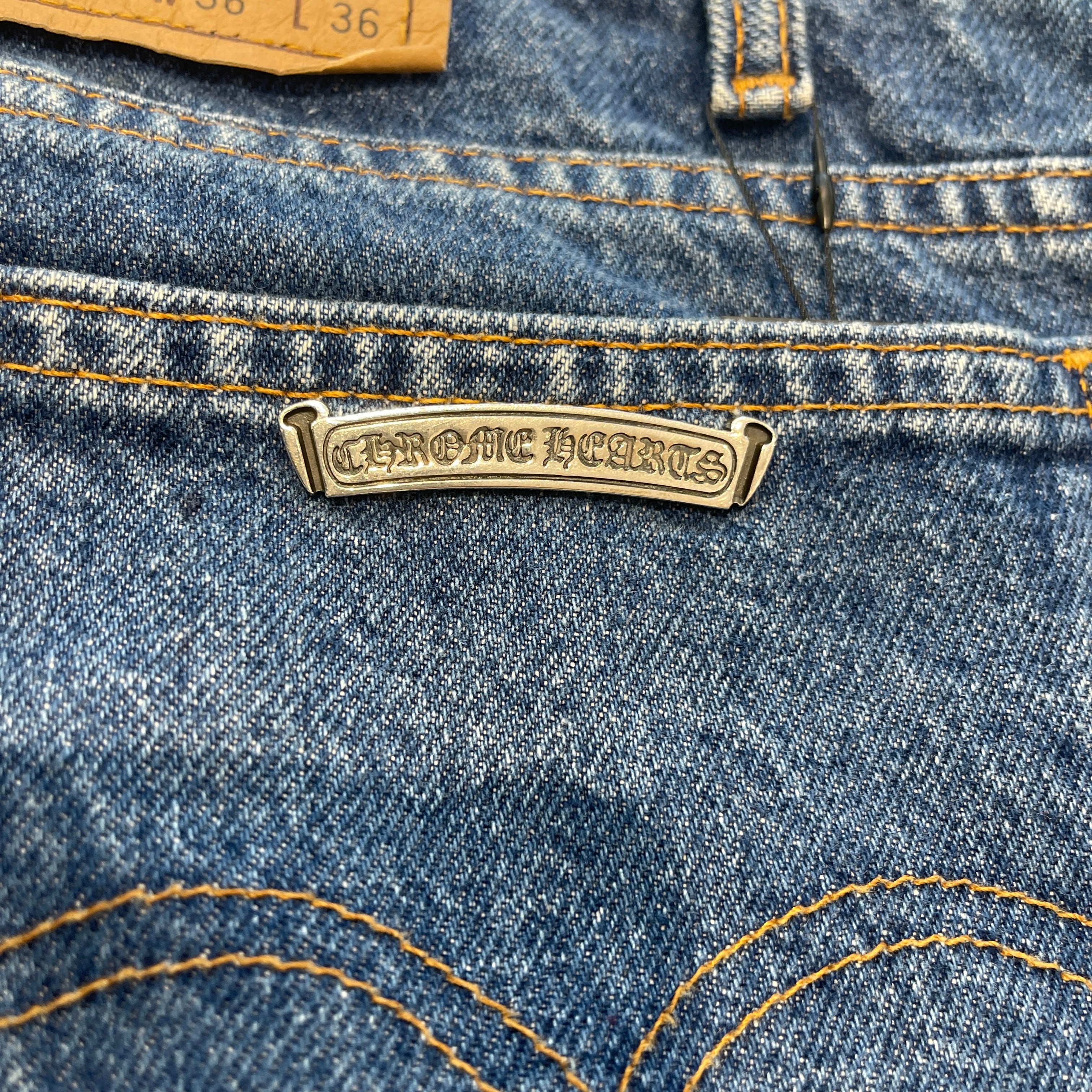 CHROME HEARTS × Levi's 505 VNTG Cross Leather Patch Flair Jeans Size 34 クロムハーツ × リーバイス 505 ヴィンテージ クロスレザーパッチ フレアジーンズ デニムパンツ サイズ34