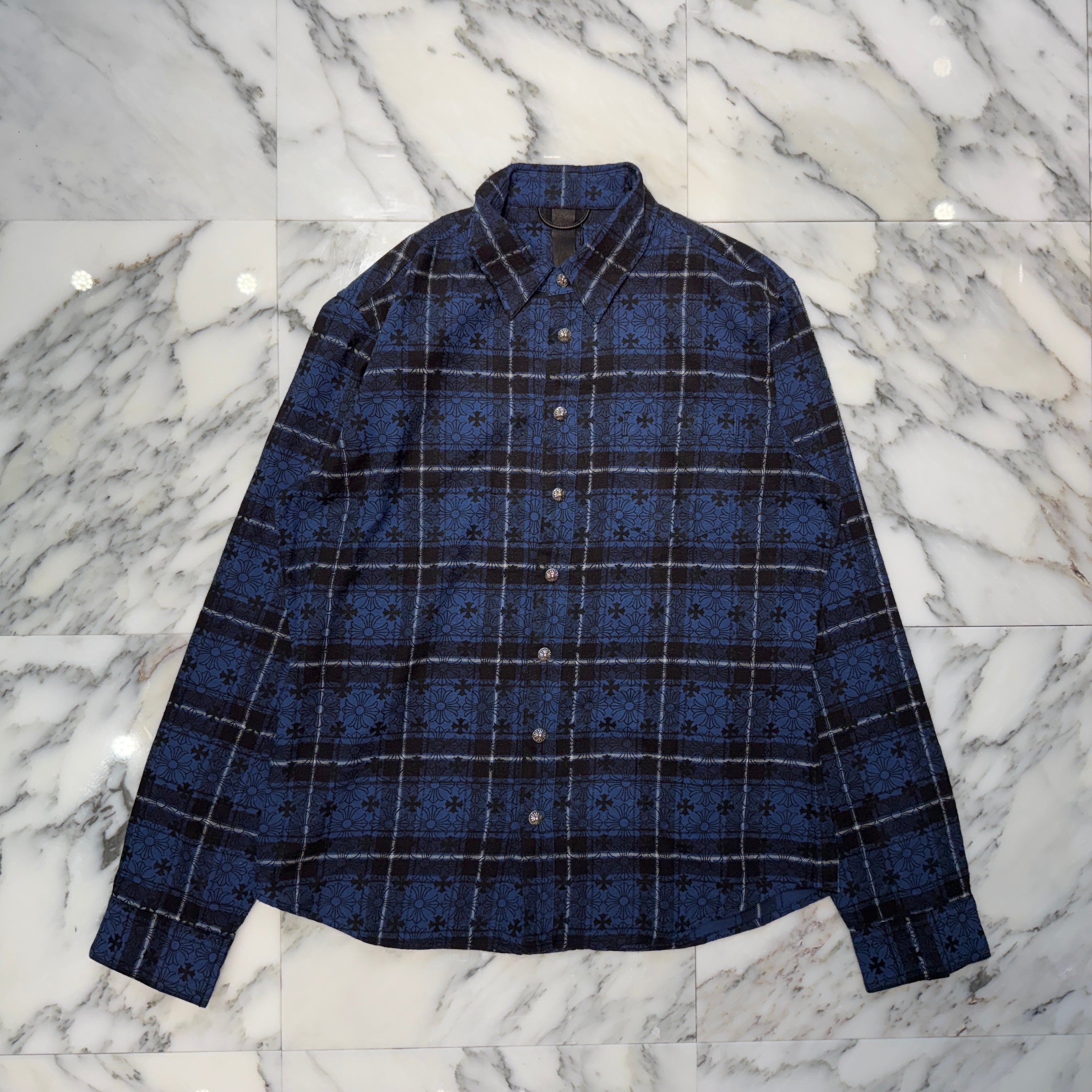 CHROME HEARTS Loose Ends Cross Leather Patch Check Shirt Size L クロムハーツ ルーズエンド クロスレザーパッチ チェック シャツ サイズL