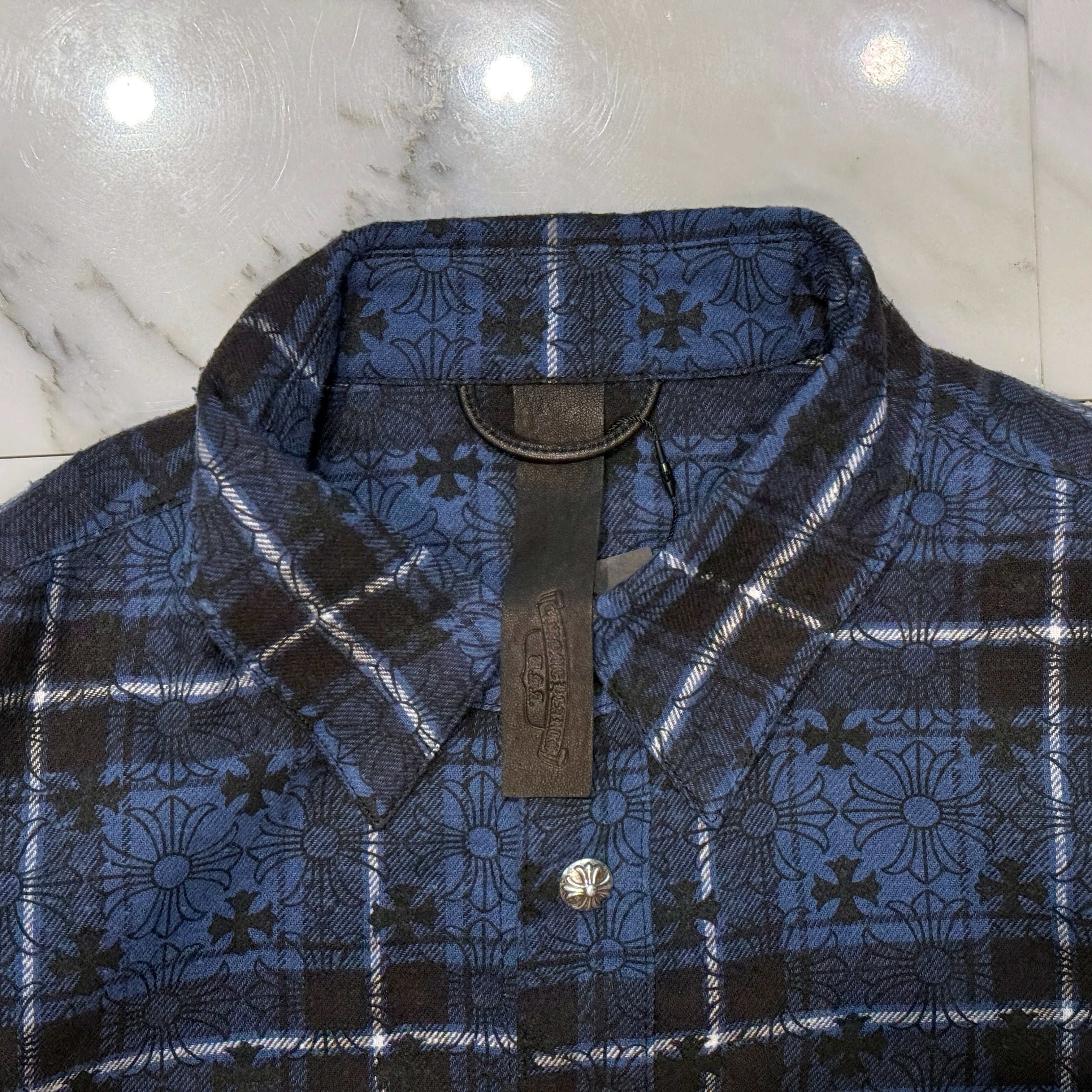 CHROME HEARTS Loose Ends Cross Leather Patch Check Shirt Size S クロムハーツ ルーズエンド クロスレザーパッチ チェック シャツ サイズS